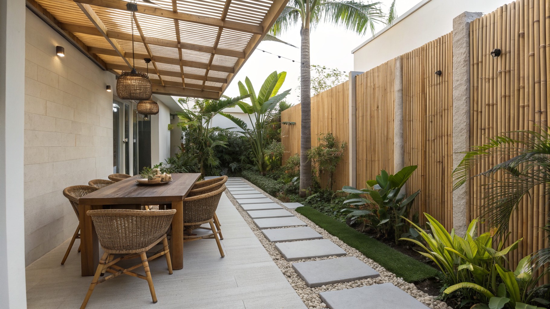 An outdoor dining area with a wooden table and woven chairs on a concrete patio, enclosed on one side by a tall bamboo fence with tropical plants nearby.