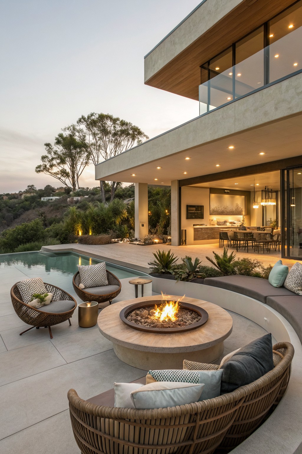 Modern outdoor patio with a round concrete fire pit surrounded by curved wicker seating, next to a pool and overlooking a hillside at dusk.