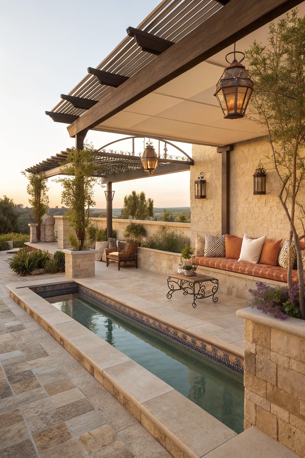 A rectangular pool with a built-in bench seating area featuring orange cushions, a small table, and overhead wood pergola on a stone patio.