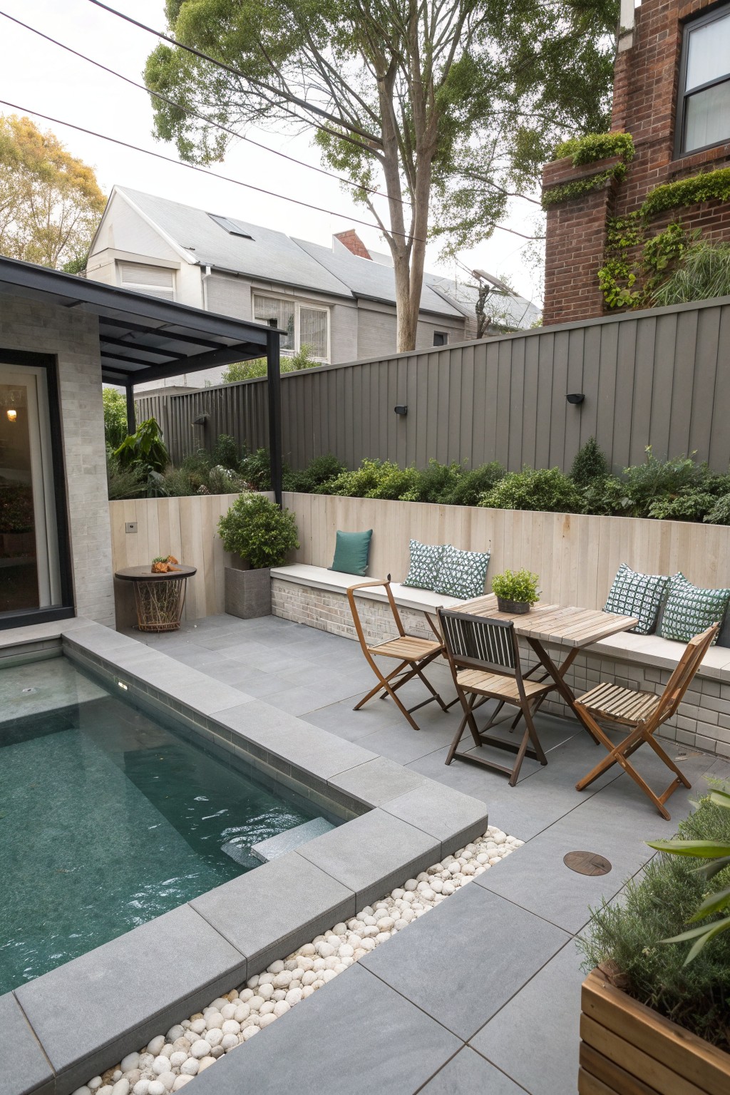 An outdoor pool area with gray stone paving, a rectangular pool, built-in wooden benches with cushions along a fence, and several wooden folding chairs around a table.