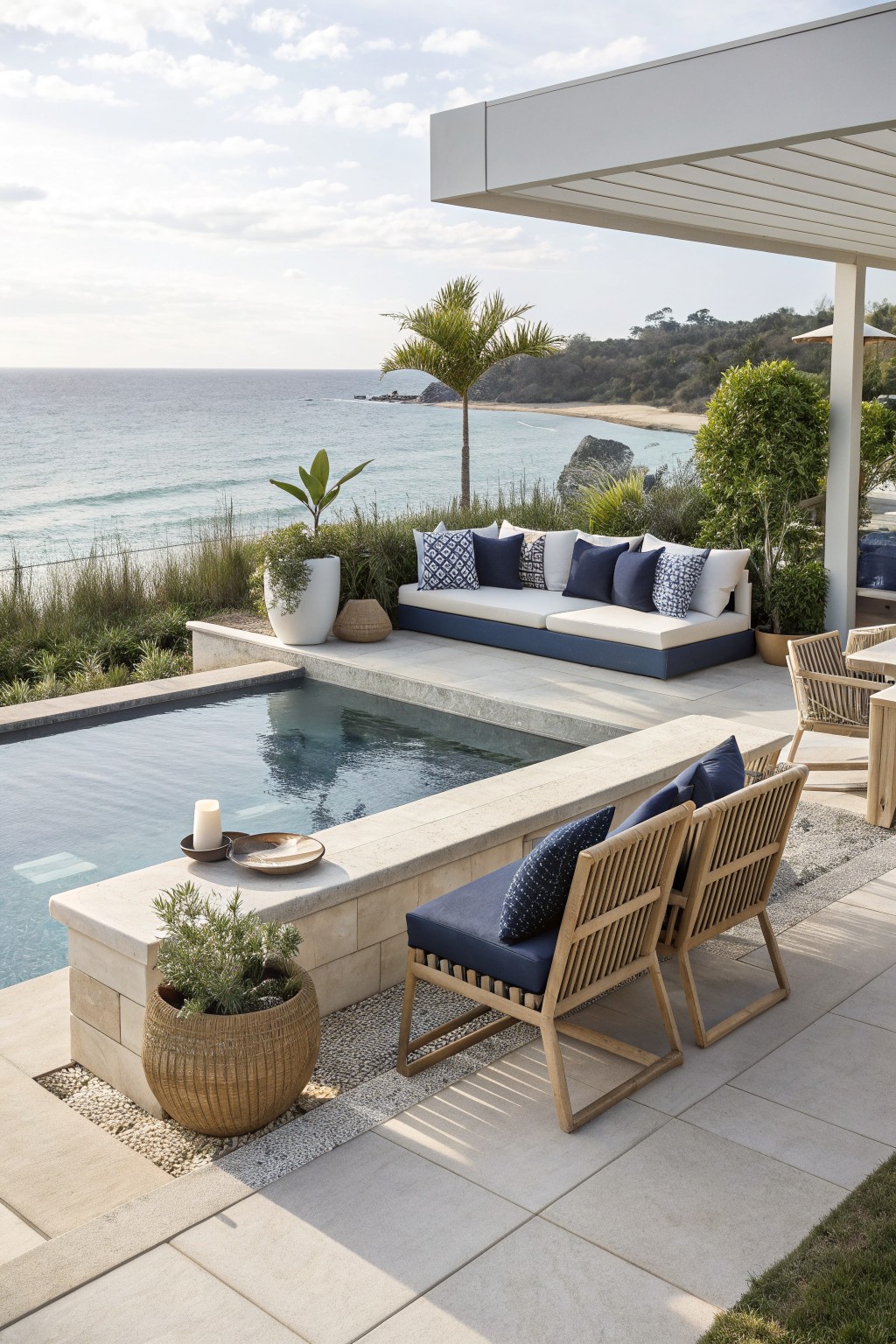 Outdoor pool area with built-in sofa seating along the edge, blue cushions, wooden armchairs, and a view of the ocean.