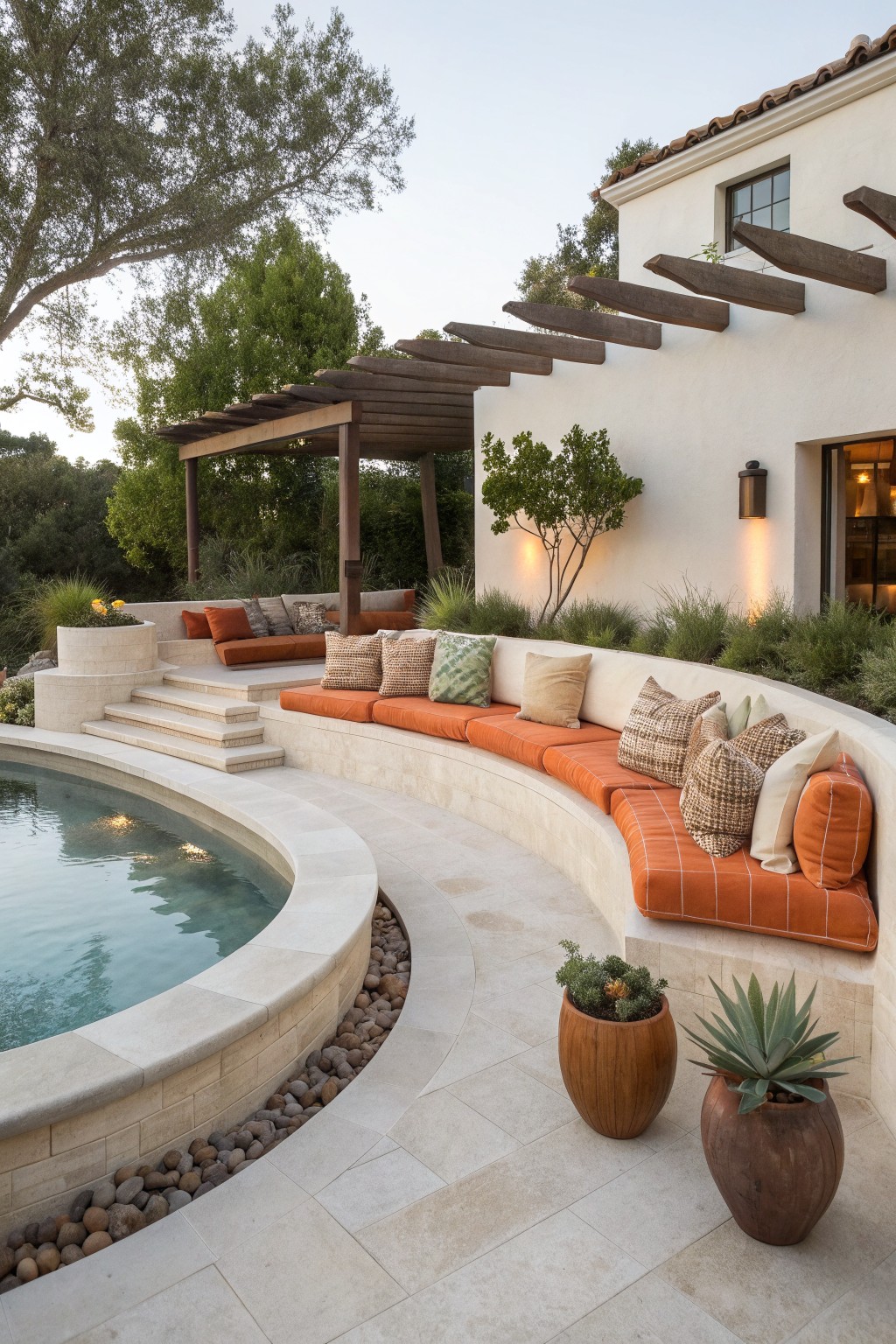 A curved built-in bench with orange cushions follows the edge of a swimming pool beside a white stucco house with a wooden pergola.