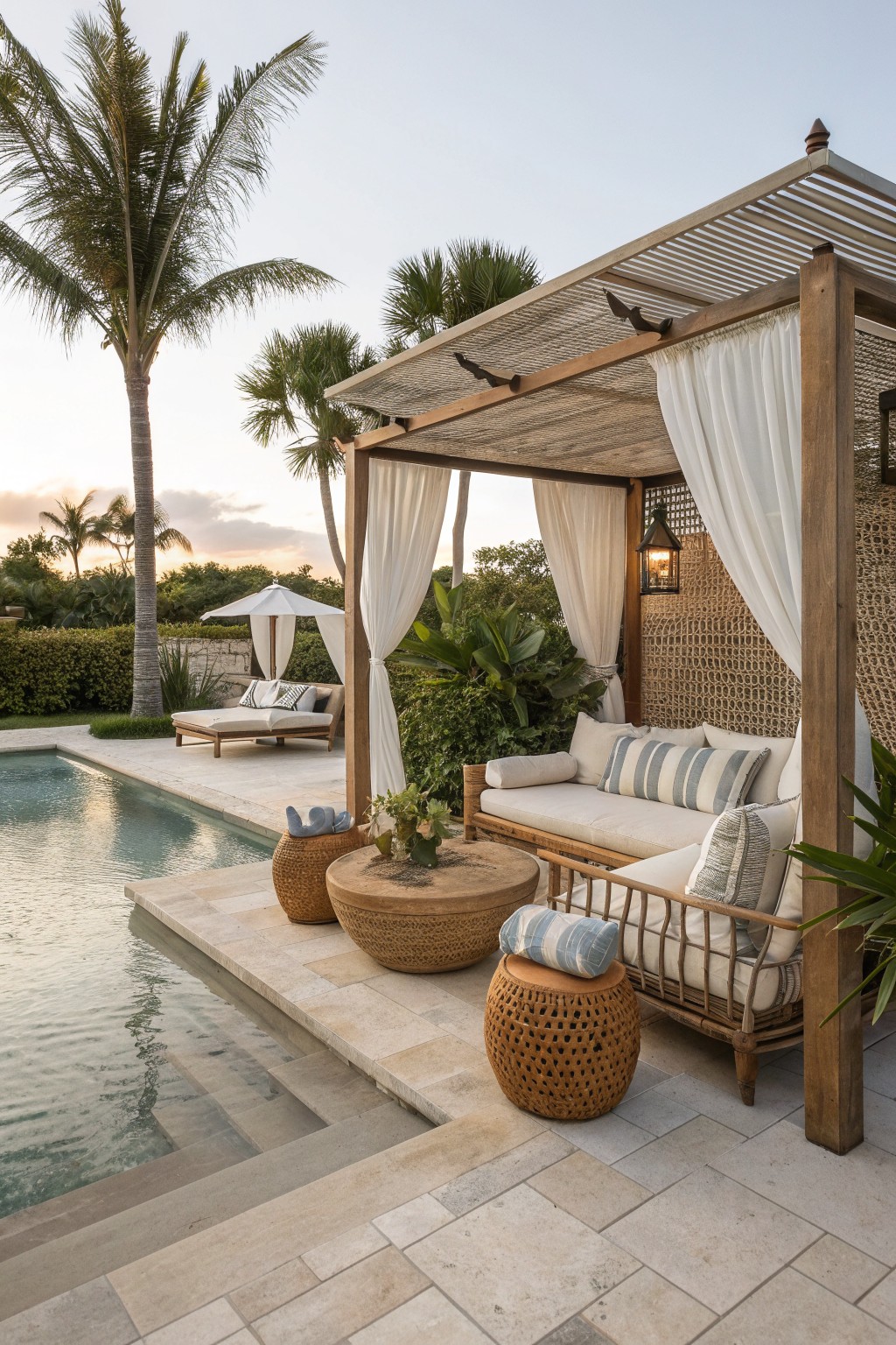 Luxurious wooden pergola with white curtains and lounge seating by pool at dusk