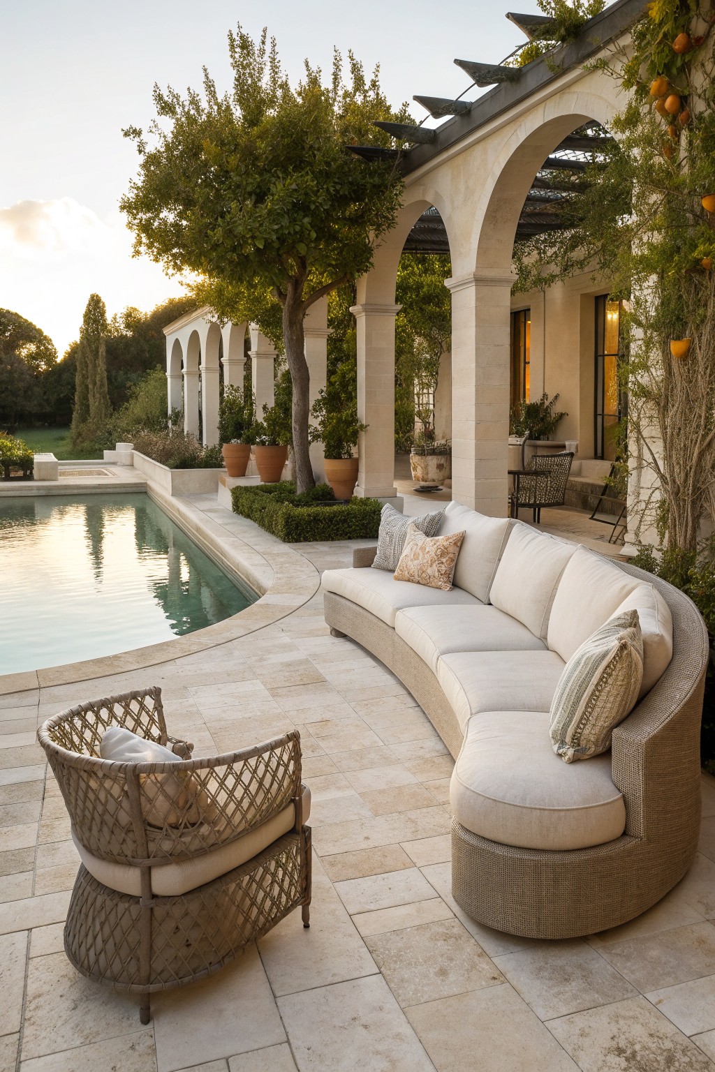 A large curved beige outdoor sectional sofa sits on a stone patio beside a swimming pool, with a woven armchair nearby and arched pergola columns in the background.