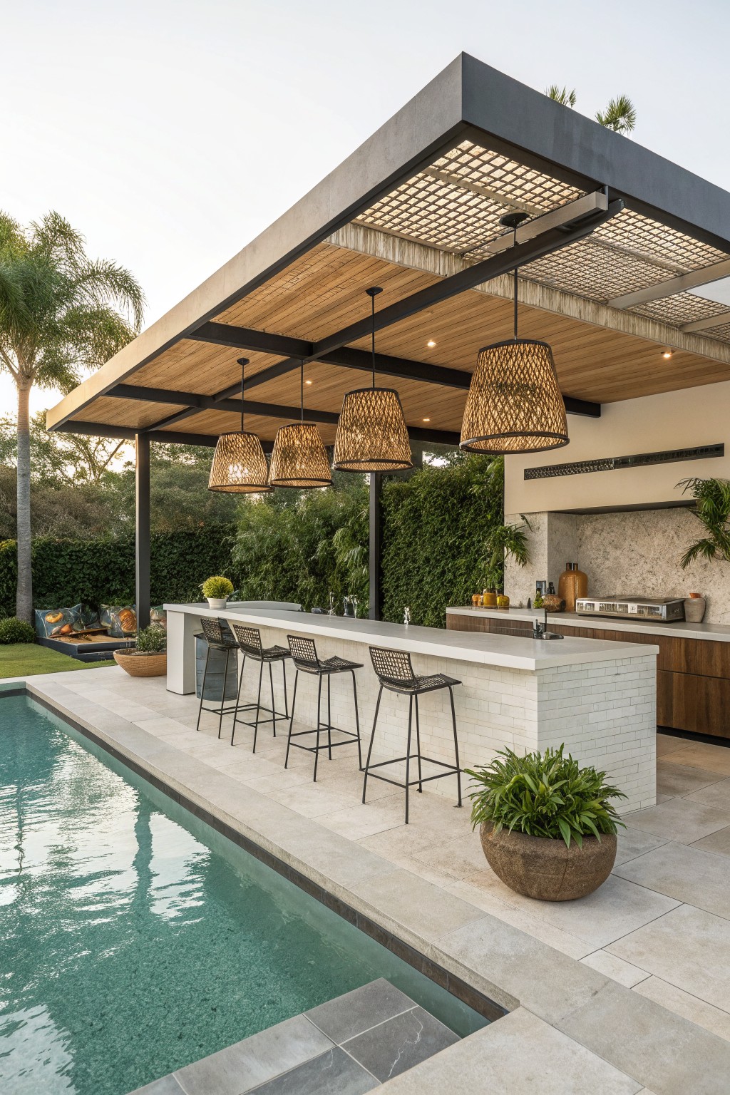 Modern outdoor bar with woven pendant lights and stools beside a pool