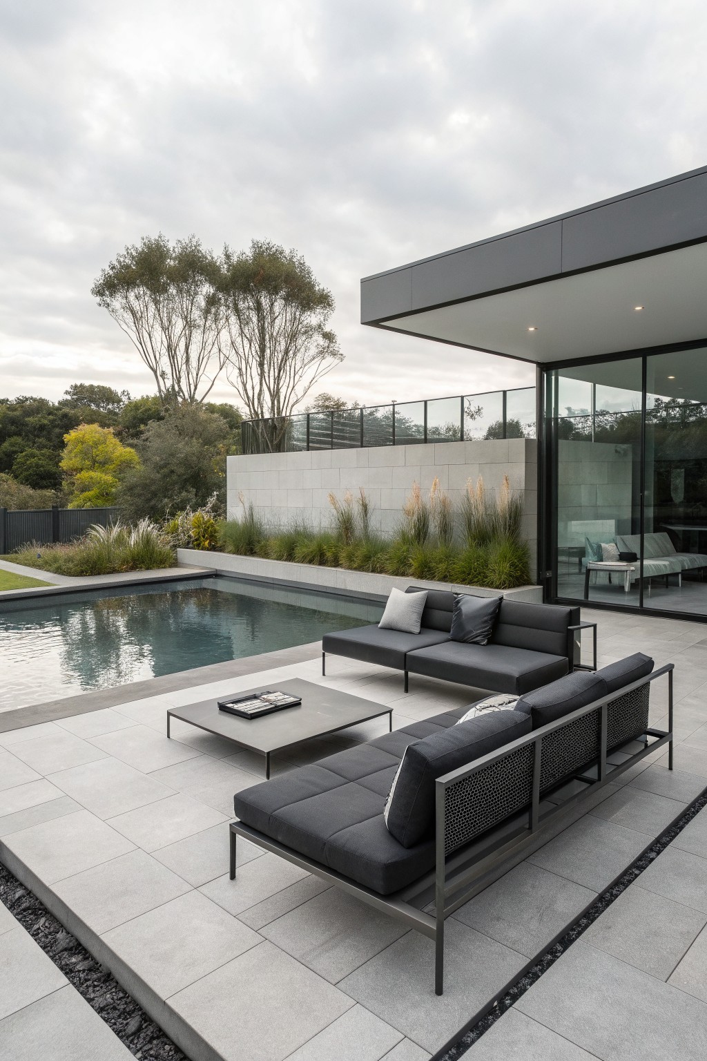 Modern poolside patio with dark gray sectional sofas on a large tiled deck next to a swimming pool and contemporary house.