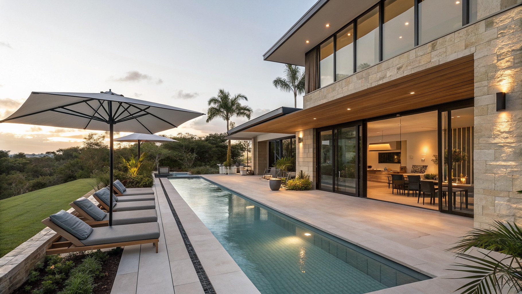 A modern outdoor pool area with a long rectangular pool and gray sectional seating arranged on a paved patio under a large white umbrella.