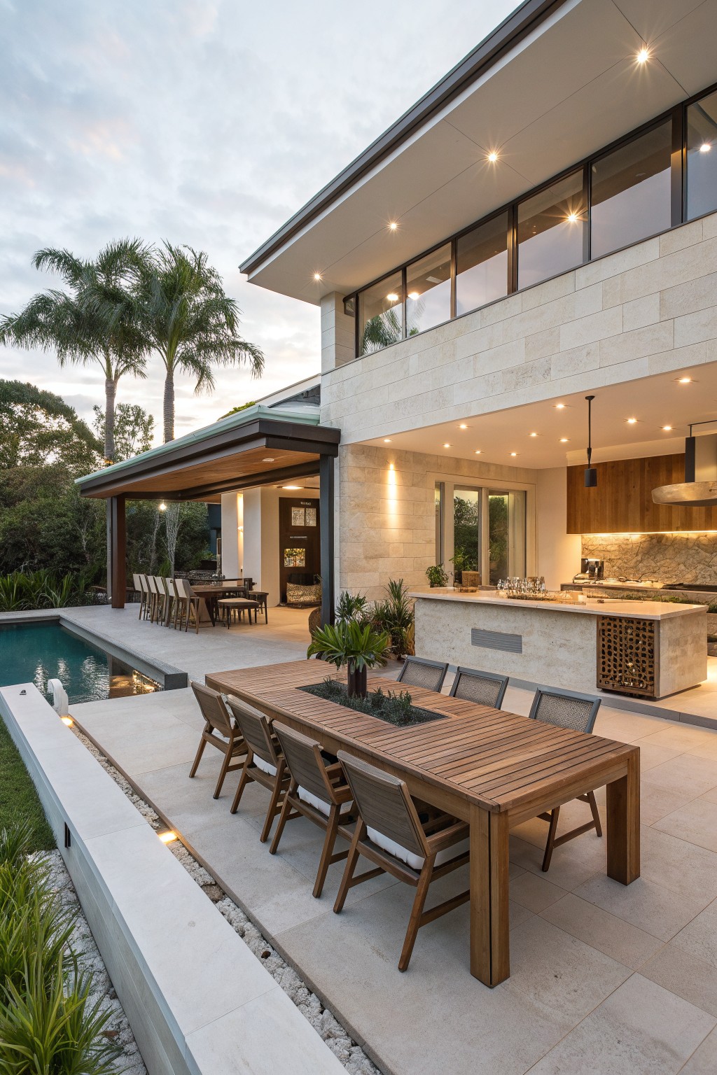 A long wooden dining table with a central planter sits on a stone patio beside a swimming pool, with an outdoor kitchen and modern house visible in the background.