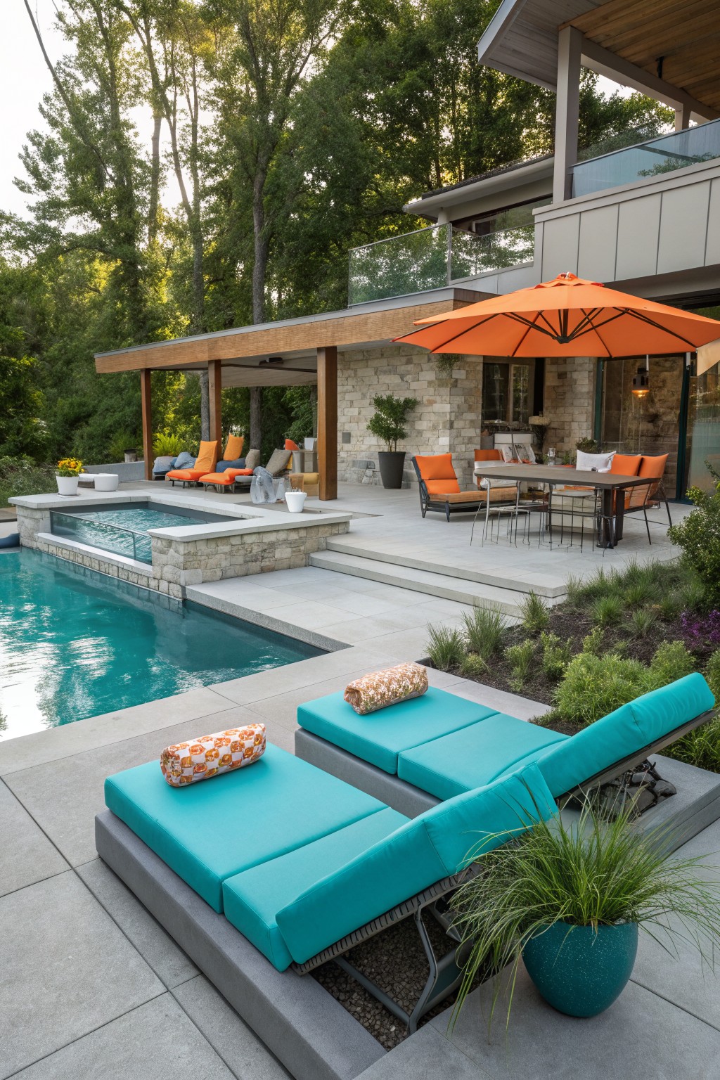 Modern backyard pool with turquoise cushioned lounge chairs in the foreground, an orange umbrella over a dining set, and a stone house patio in the background.
