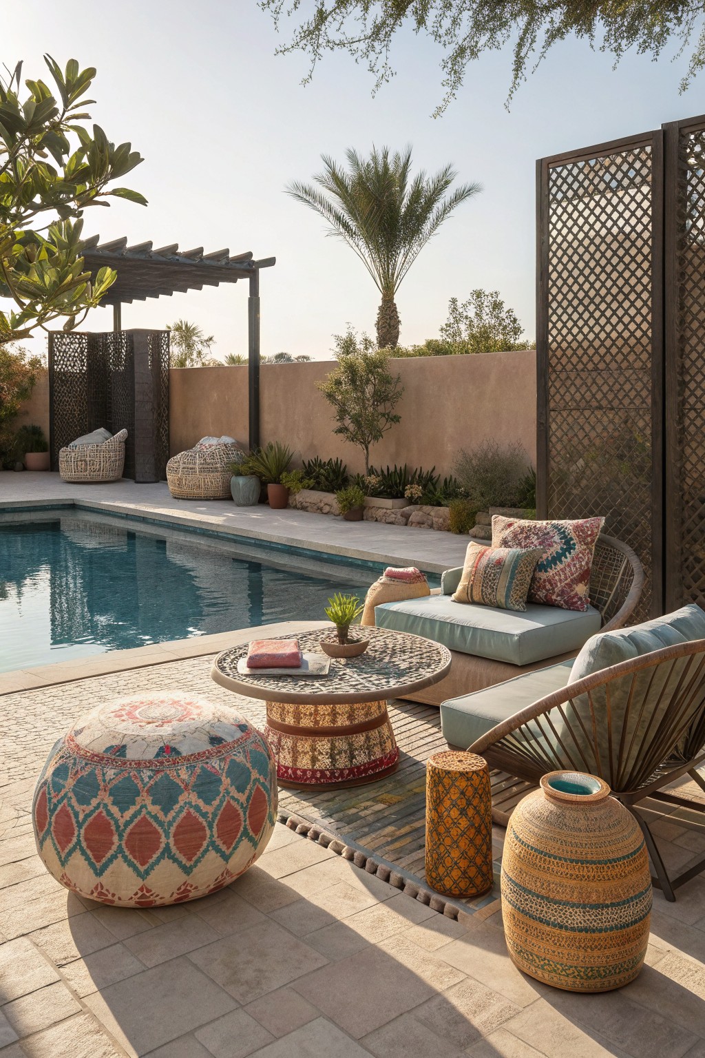 A poolside patio shows colorful patterned poufs, woven lounge chairs with cushions, a round mosaic table, and a swimming pool with surrounding plants and screens.