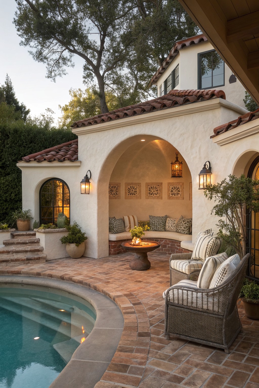 A curved poolside patio with a built-in bench under an arched stucco opening, a fire pit table, and several wicker armchairs on brick paving beside a swimming pool.