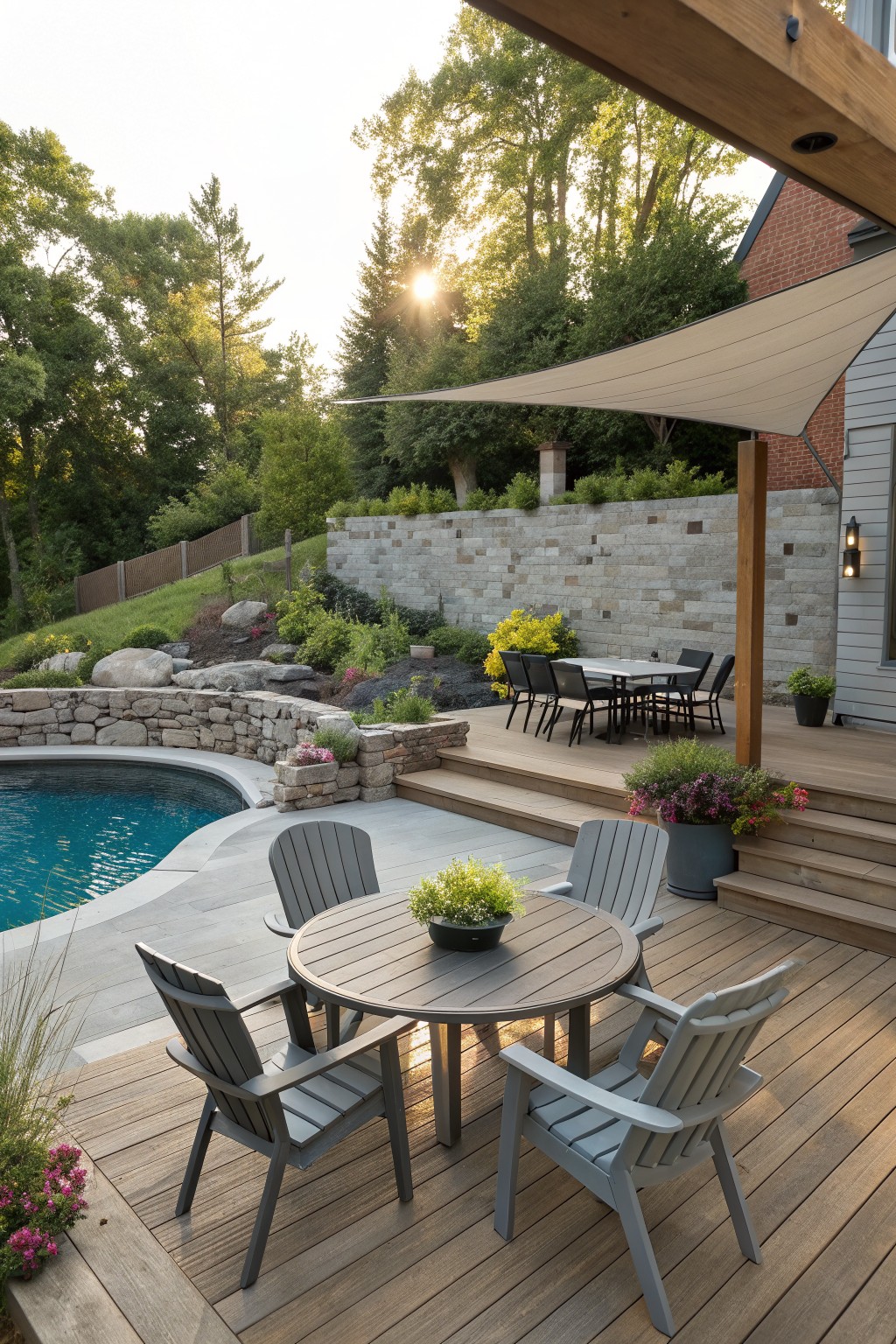 A round wooden table with four gray chairs sits on a wooden deck directly beside a curved swimming pool.