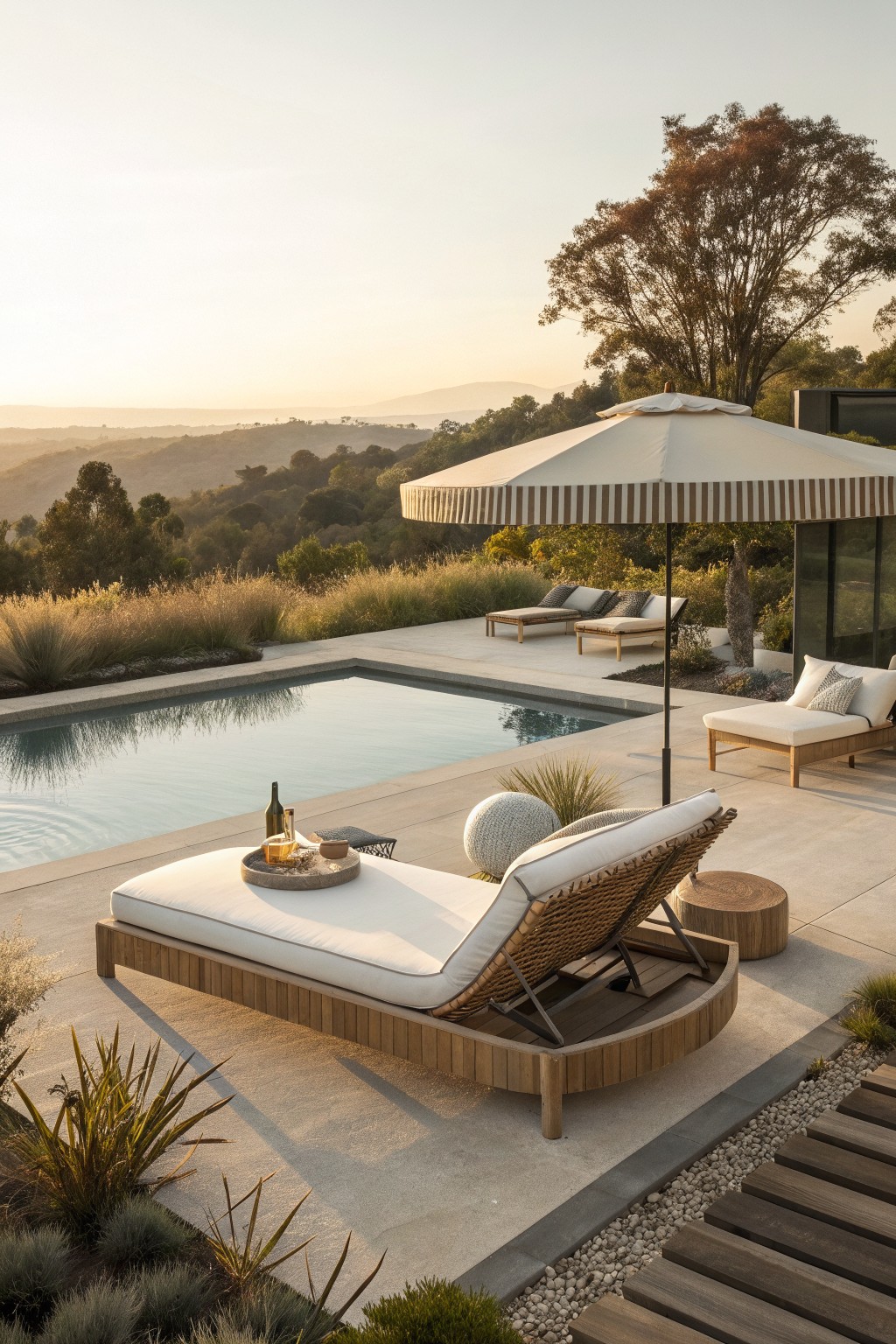 A concrete pool deck with woven lounge chairs under a striped umbrella positioned beside an infinity pool overlooking hills and trees.
