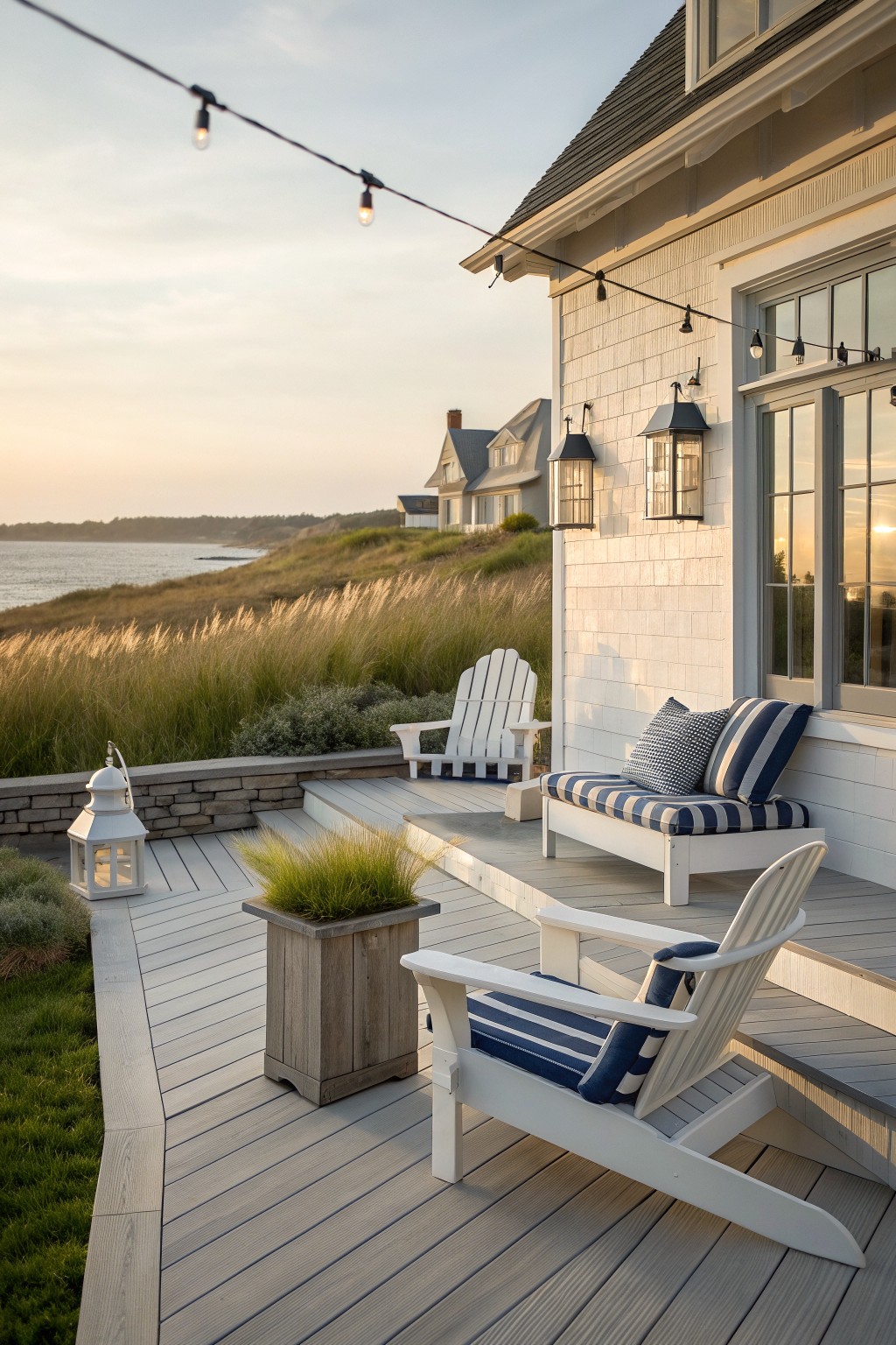 A wooden deck features white Adirondack chairs and a striped cushioned bench, with string lights overhead and a view of grass dunes and water.