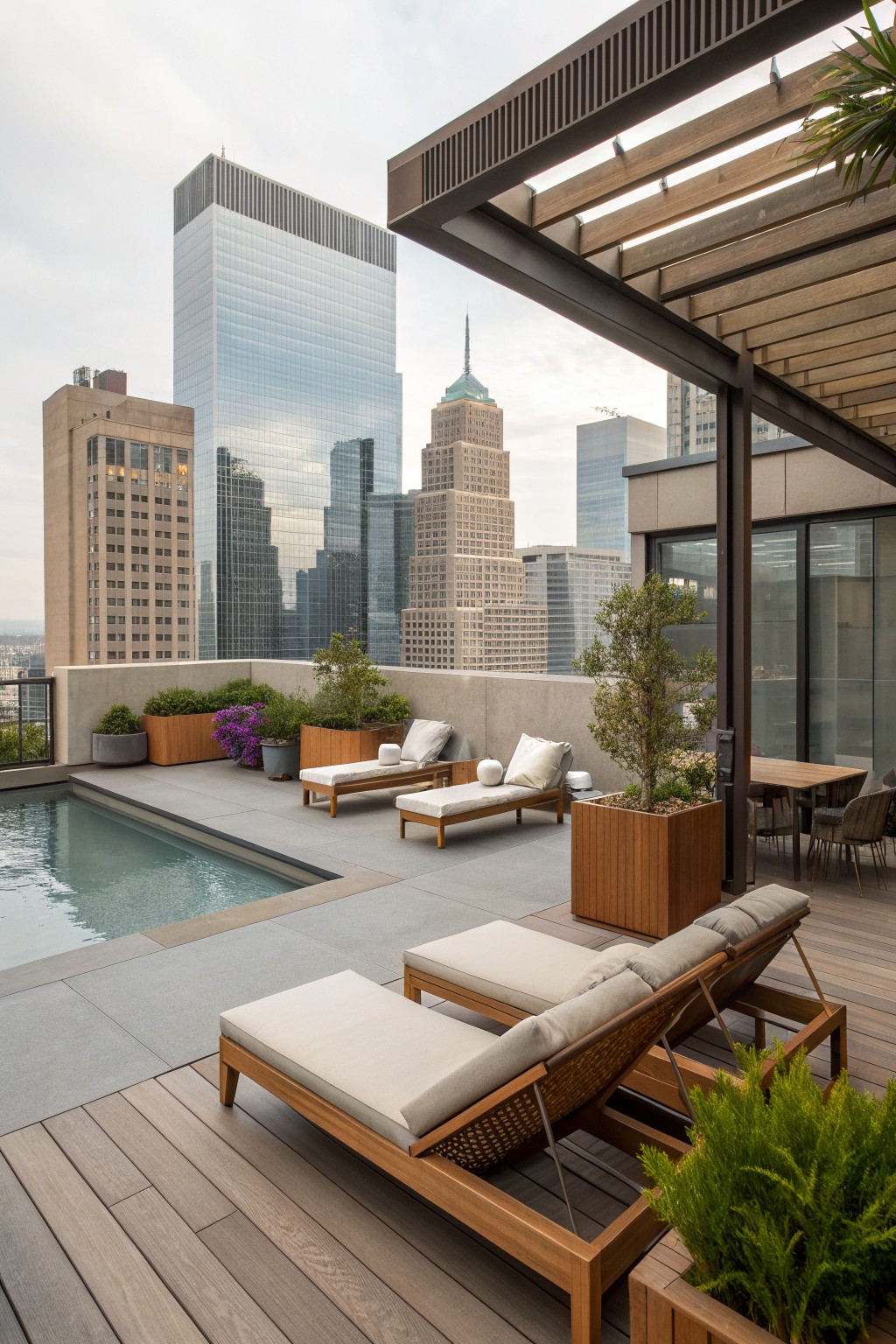 Rooftop terrace with wooden lounge chairs, pool, plants, and city skyscrapers.