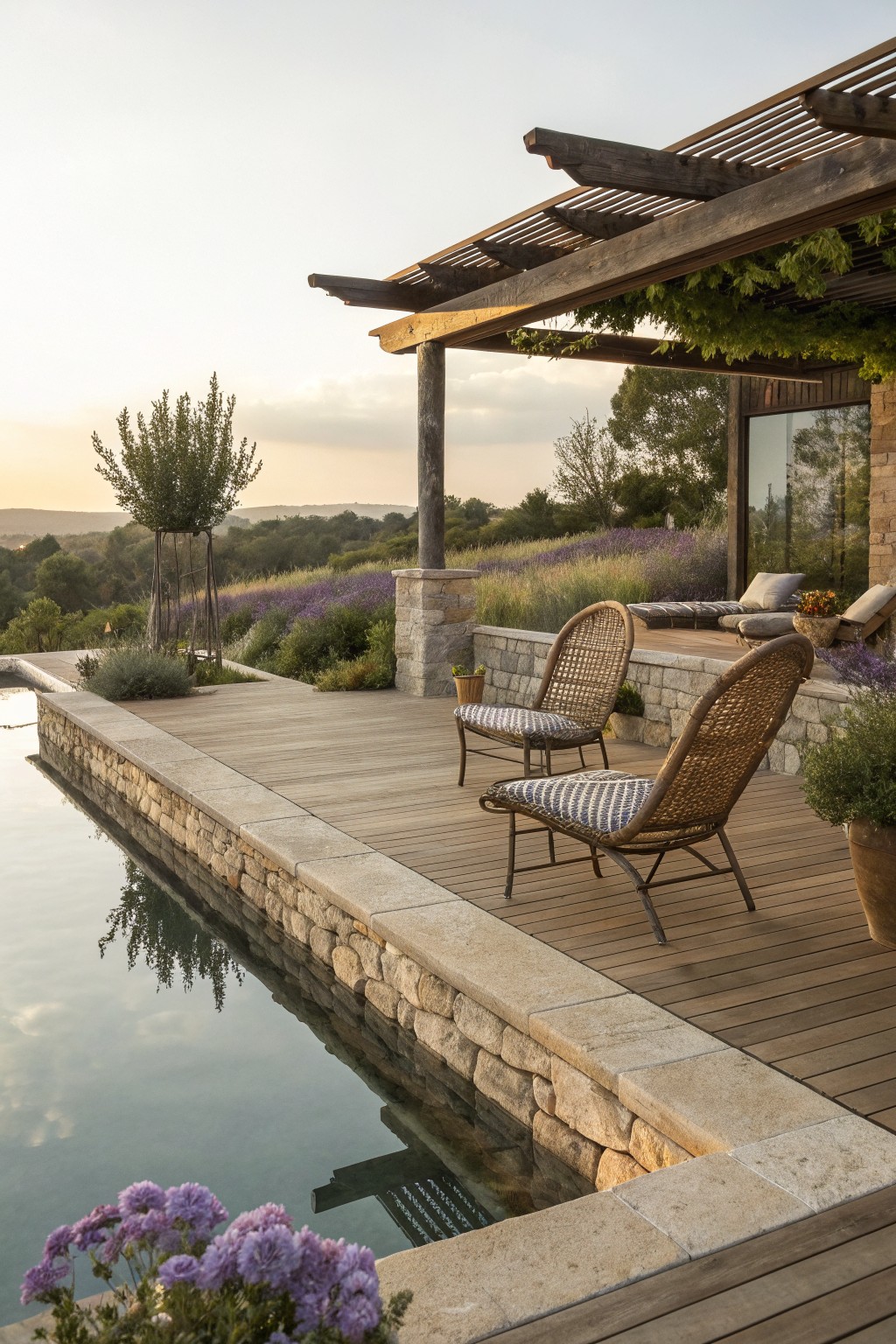 Two woven wicker chairs with striped cushions sit on a wooden deck next to a stone-edged pool, with a pergola overhead and lavender plantings in the background.