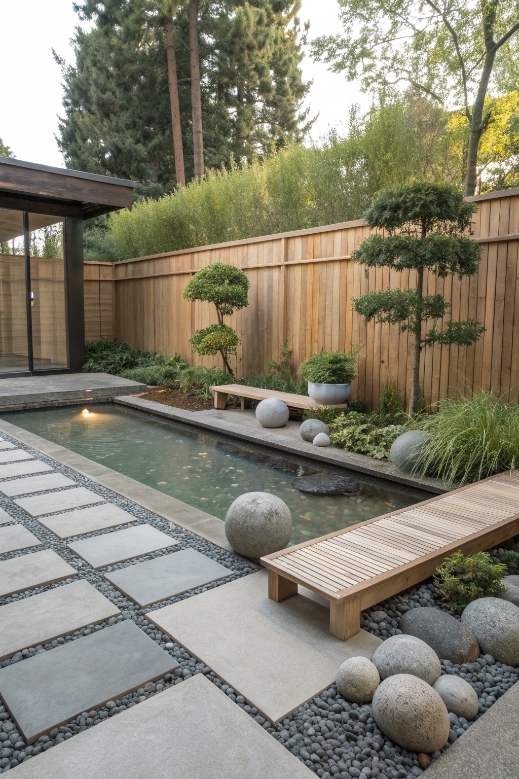 A long rectangular pool bordered by low wooden benches, large gray stones, and concrete pavers set in gravel, with trees and a wooden fence in the background.