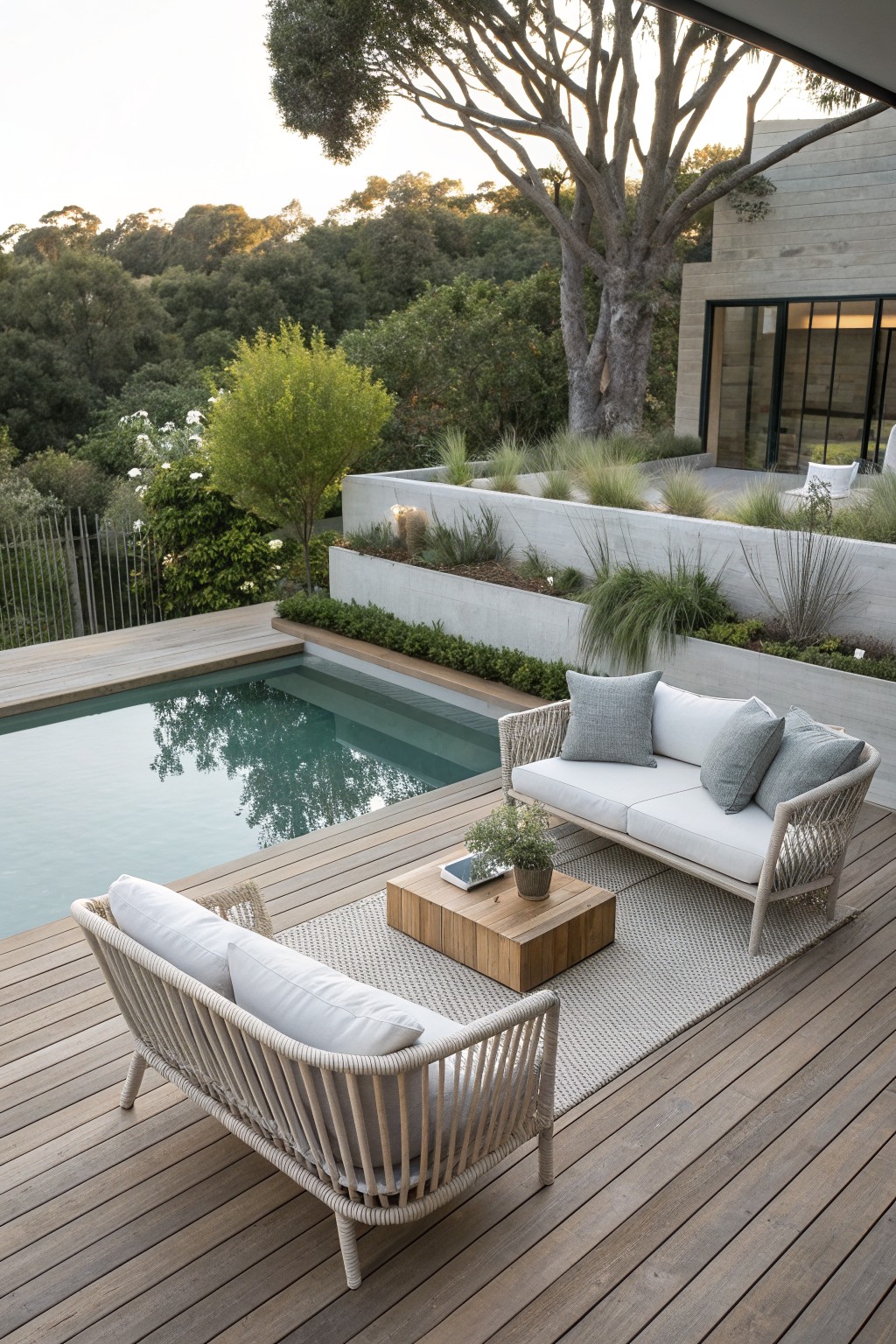 Modern wooden deck with pool, woven sofa and chairs, coffee table, and lush hillside view.