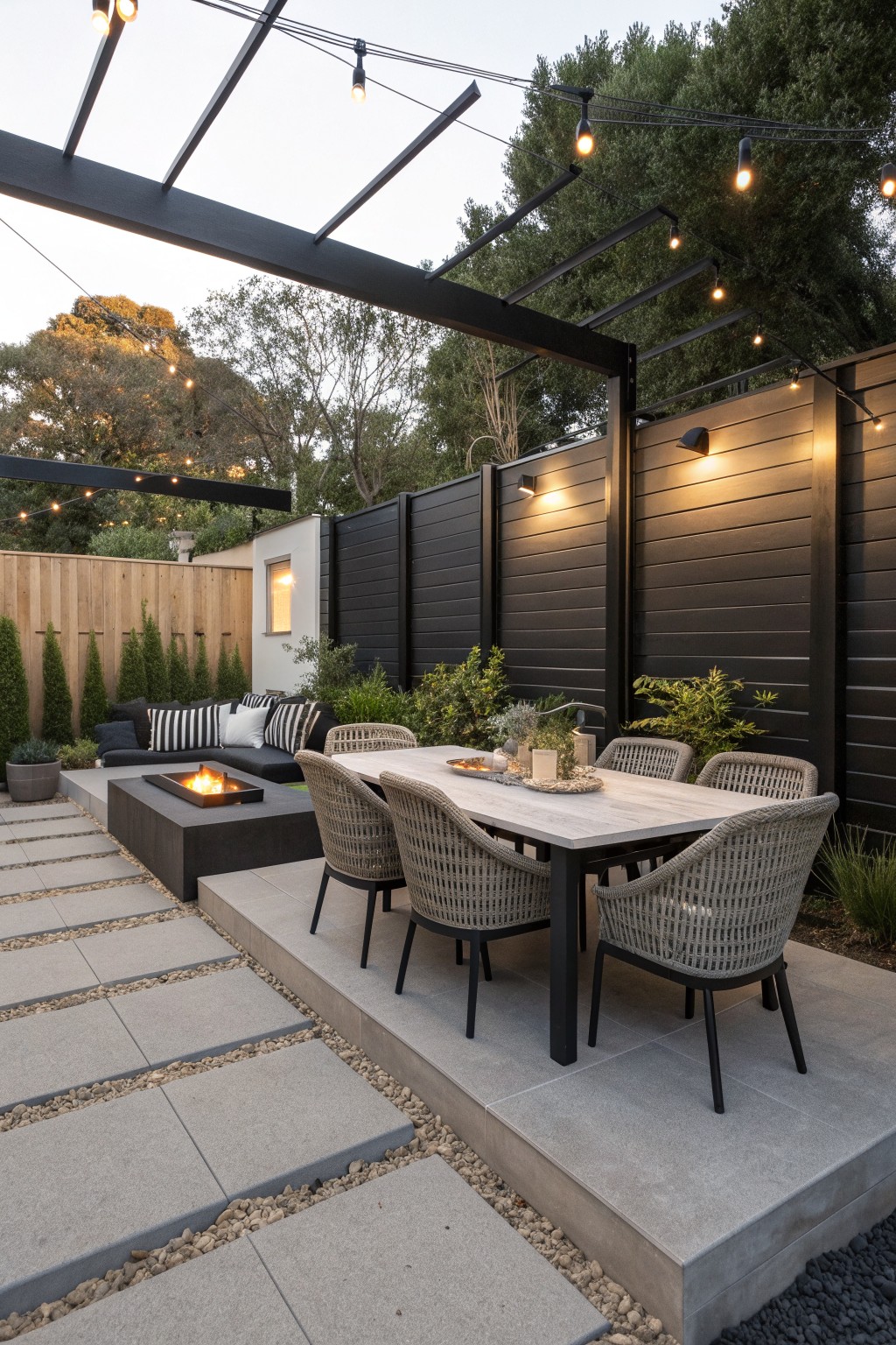 An outdoor patio with a dining table and chairs next to a dark horizontal privacy fence, a built-in fire pit, and string lights overhead.