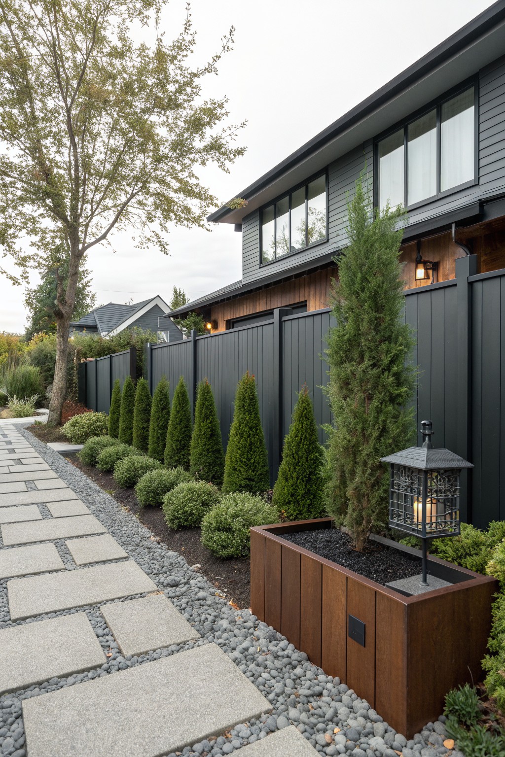 A dark vinyl privacy fence runs along the side of a modern house, with a gravel path, row of shrubs, and tall evergreens planted in front of it.