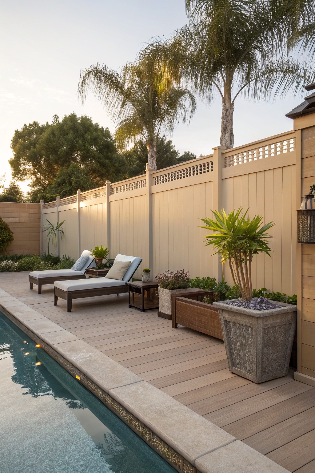 A backyard pool deck with two lounge chairs, potted plants, and a tall beige vinyl privacy fence along the edge.