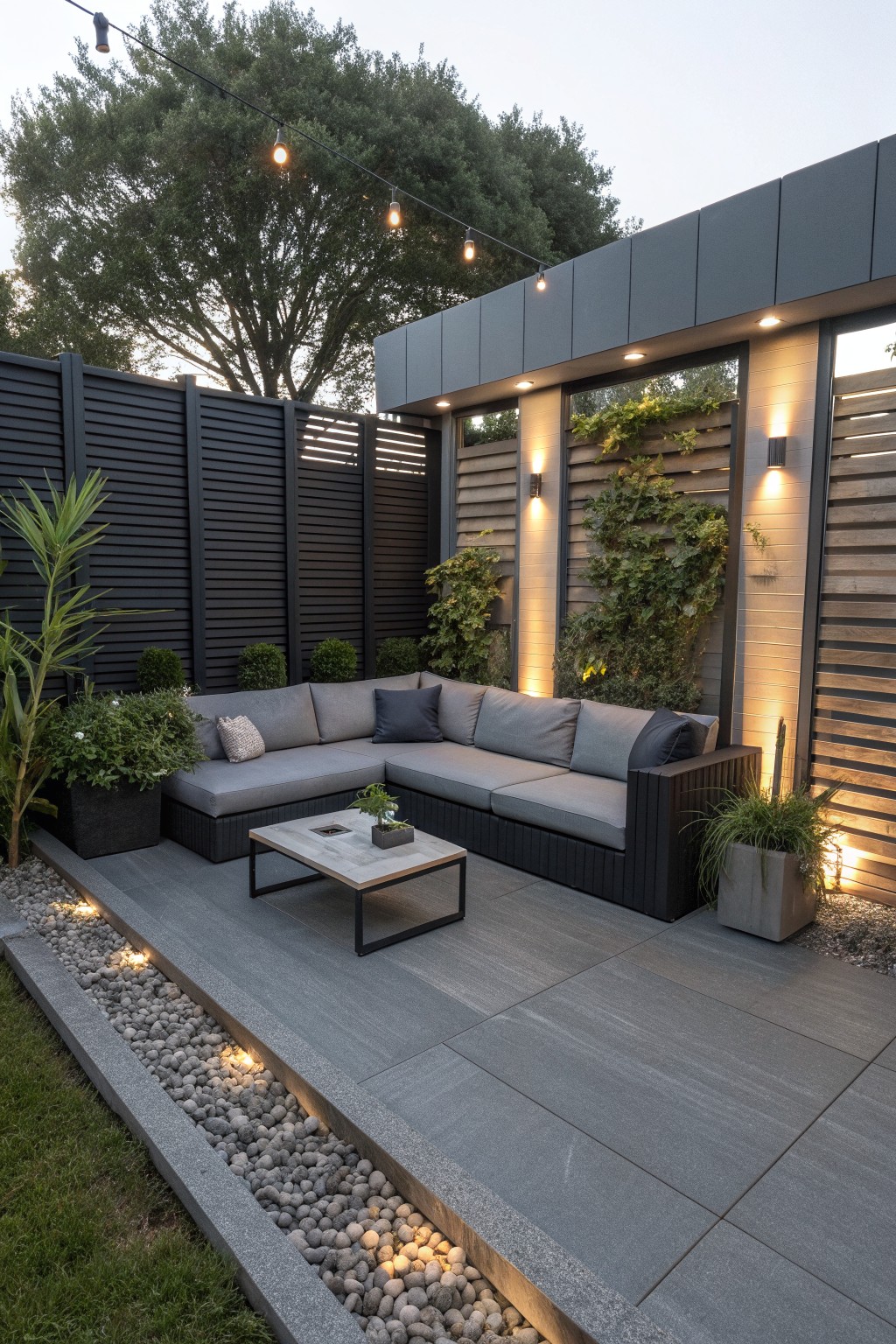 An outdoor patio enclosed by dark slatted privacy fencing, featuring an L-shaped gray sectional sofa, a coffee table, potted plants, and string lights overhead.
