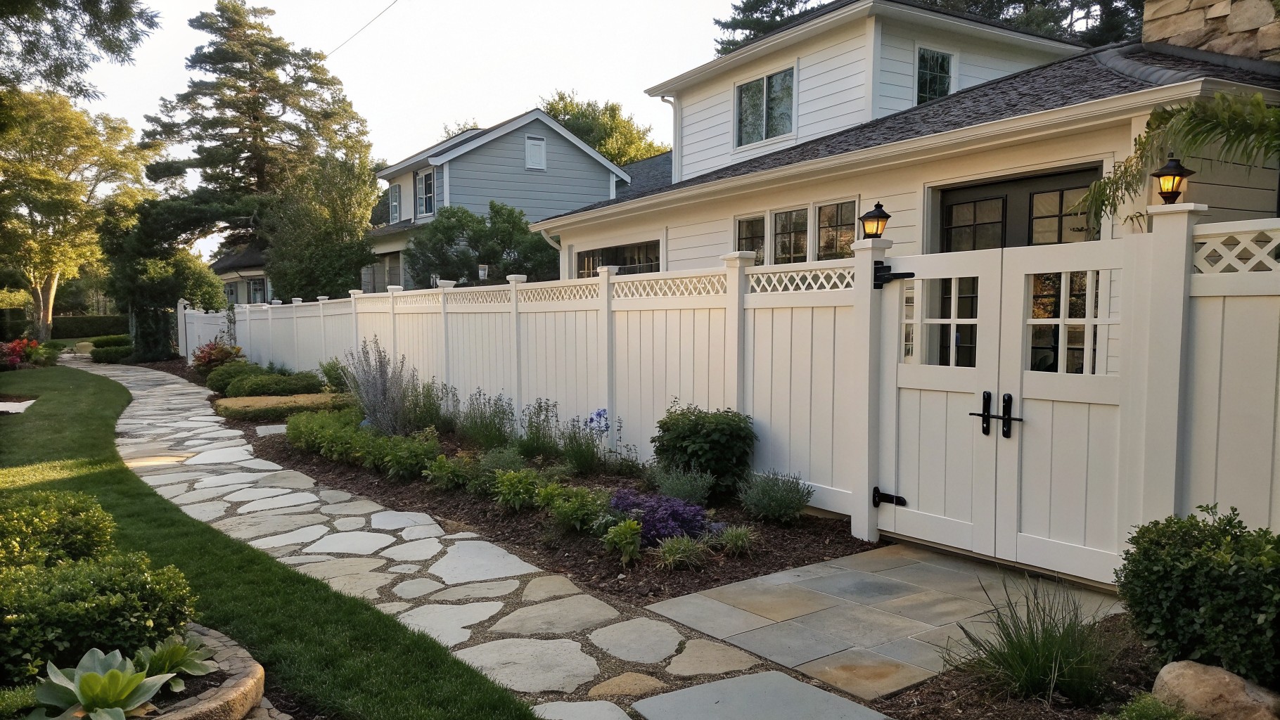 A white vinyl privacy fence with a gate runs beside a winding stone path through garden beds in a backyard.