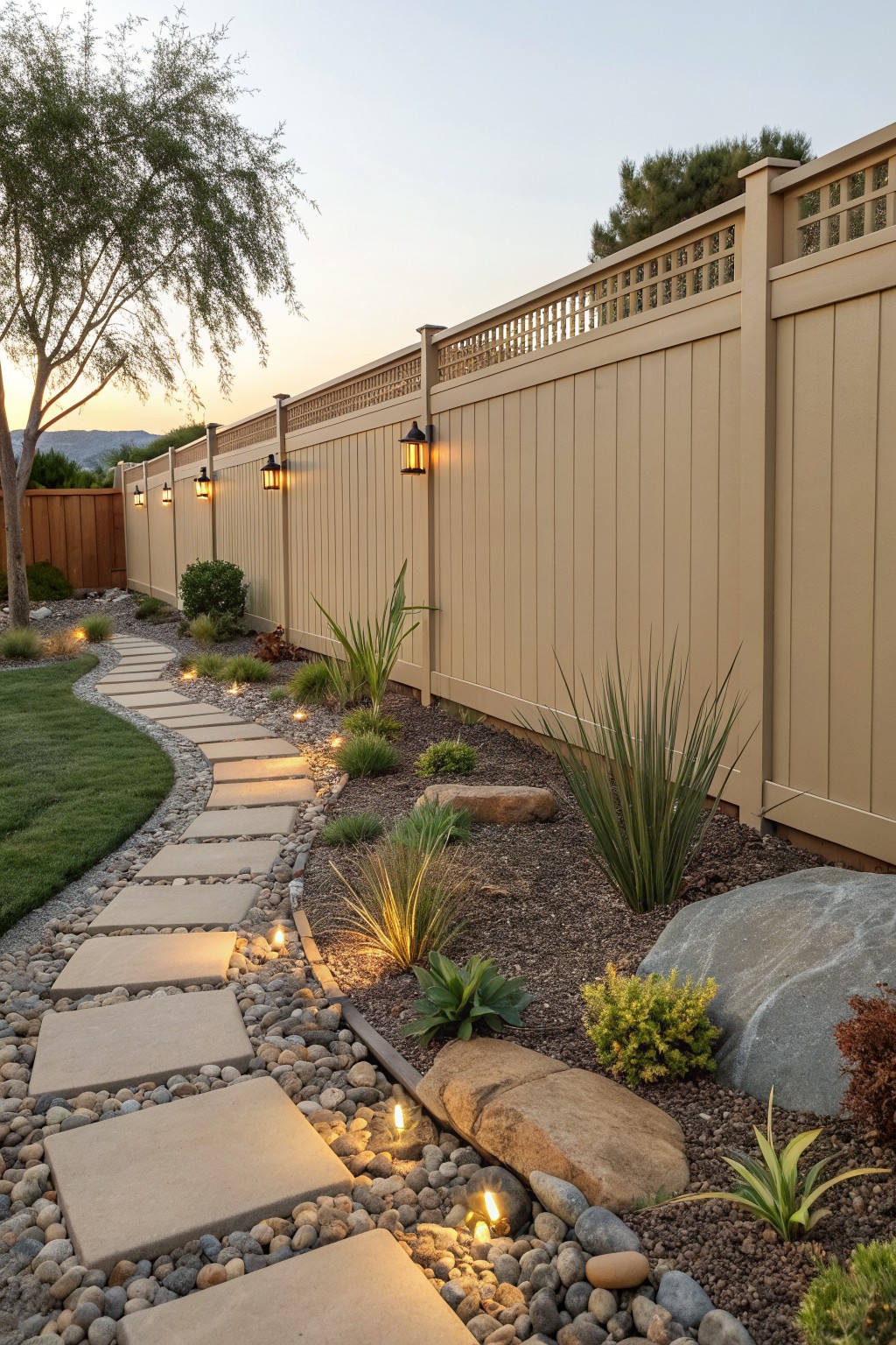 A long beige vinyl privacy fence borders a garden bed with gravel, large rocks, low plants, and a curving path of concrete stepping stones lined with small lights.