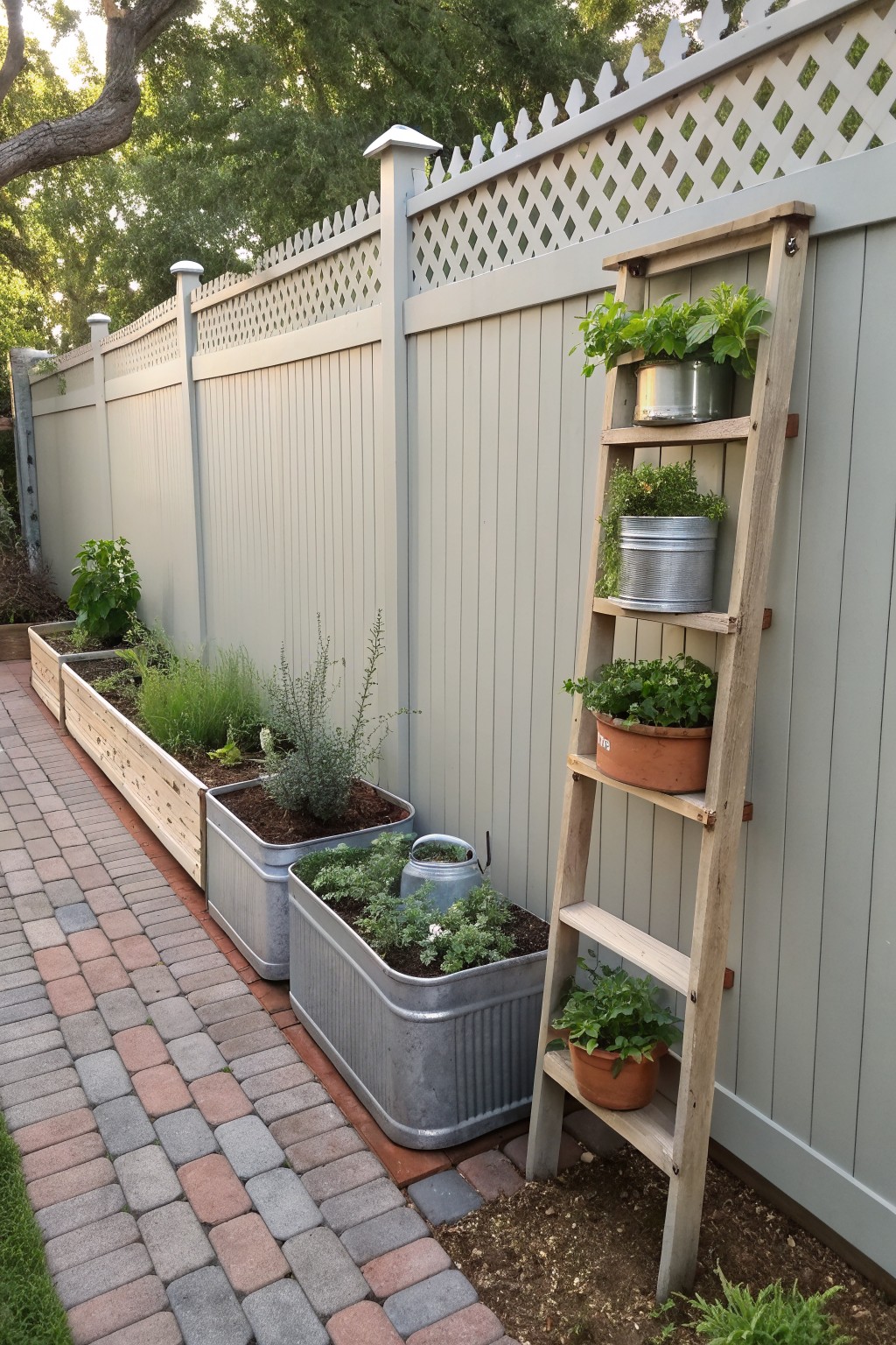 A gray vinyl privacy fence runs along raised galvanized metal garden beds filled with plants, next to a wooden ladder shelf holding potted plants and a brick pathway.