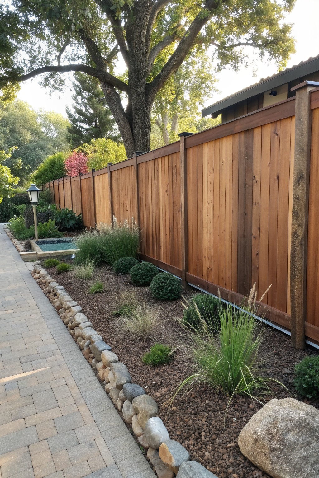A wooden privacy fence runs alongside a paved path with a garden bed of rocks, mulch, and assorted grasses and shrubs between them.