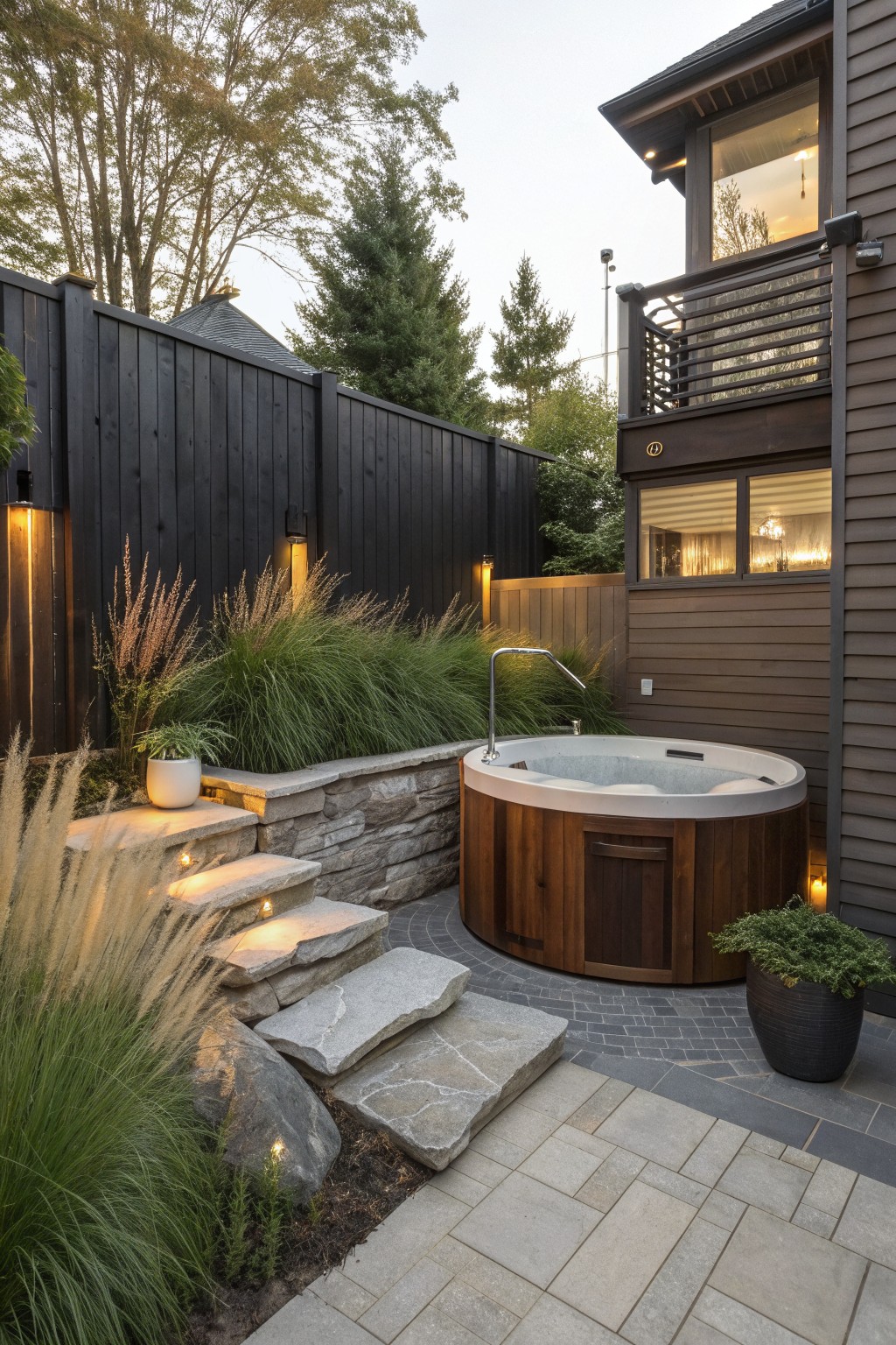 A backyard patio area with a round hot tub, stone steps, and a tall dark privacy fence along the side of the house.