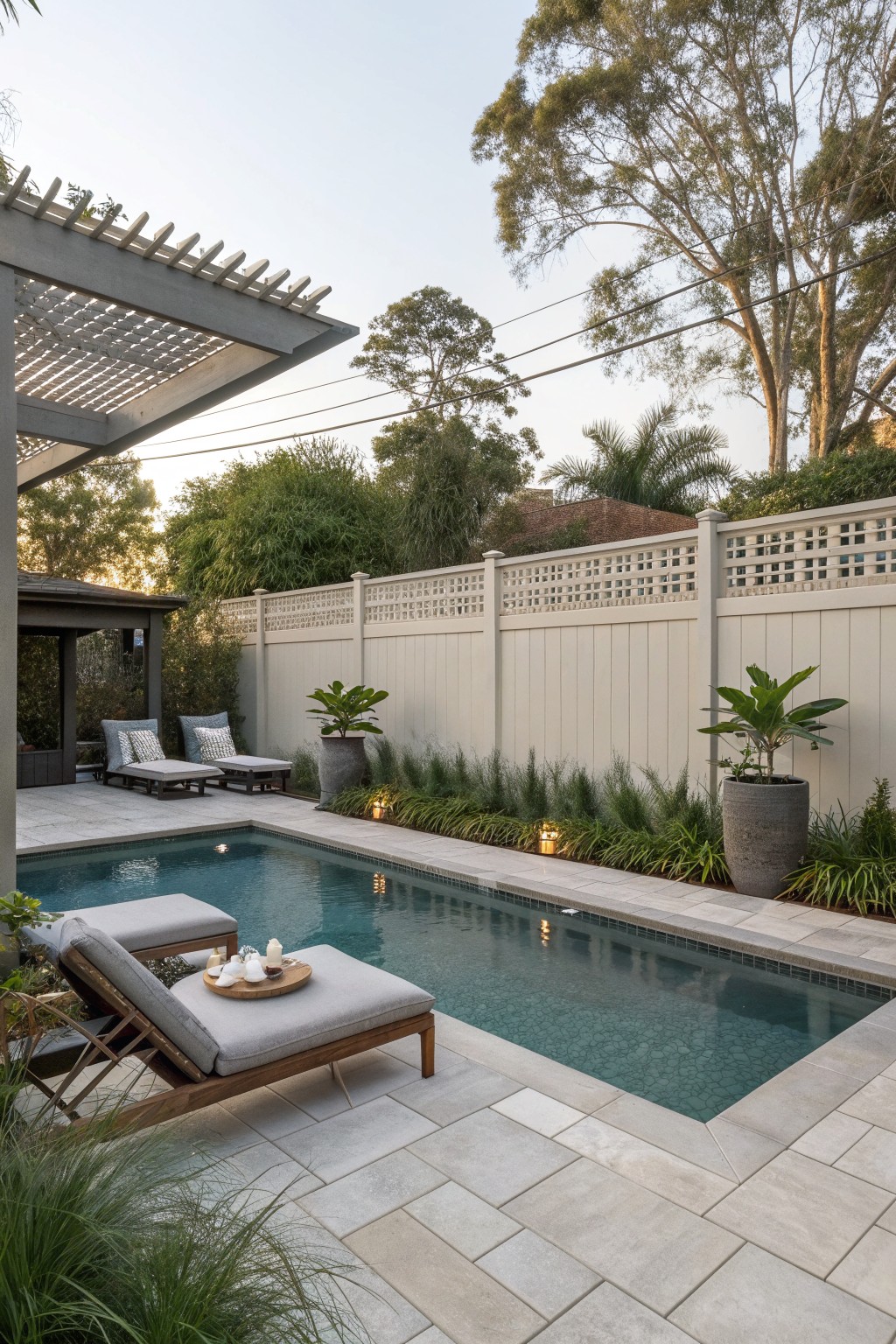 A rectangular swimming pool with stone pavers and a tall beige vinyl privacy fence along the back edge.
