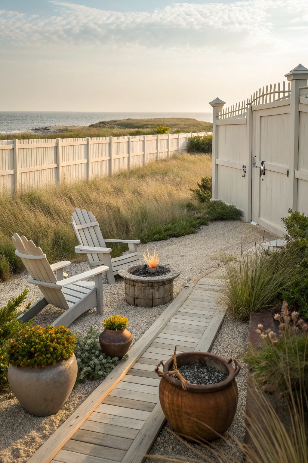 A white vinyl privacy fence with a matching gate encloses a gravel and wood path area containing two Adirondack chairs around a stone fire pit and several large planters.