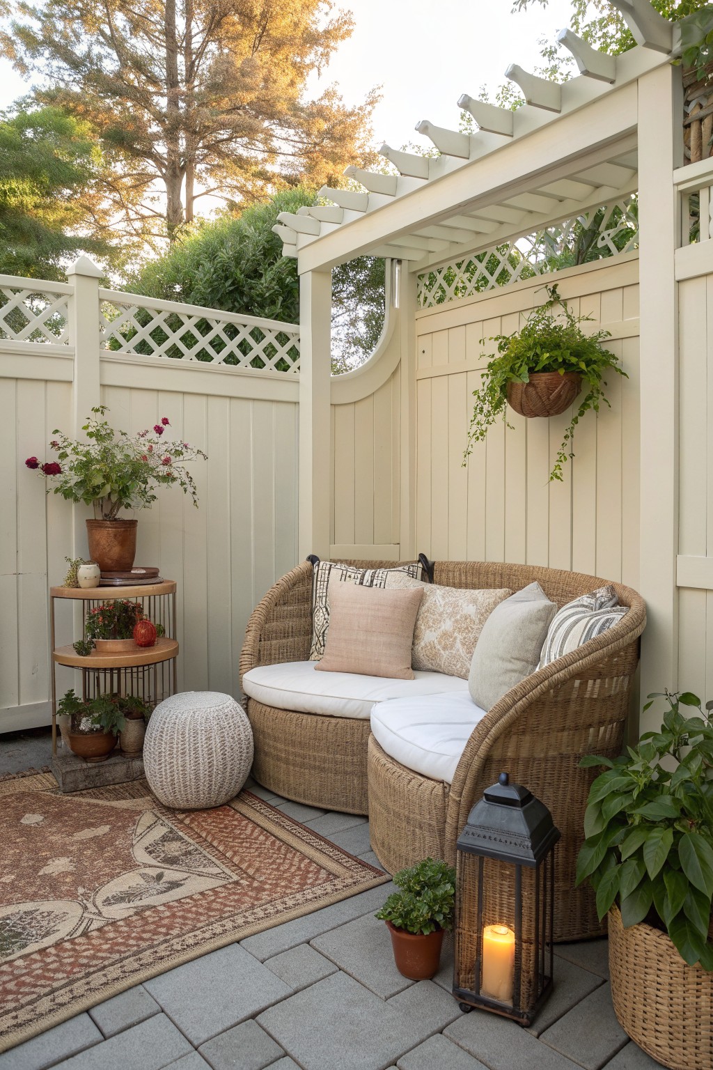 A curved wicker sofa with white cushions and pillows sits on a stone patio next to a beige vinyl privacy fence with lattice top, under a white pergola, surrounded by potted plants and a lantern.