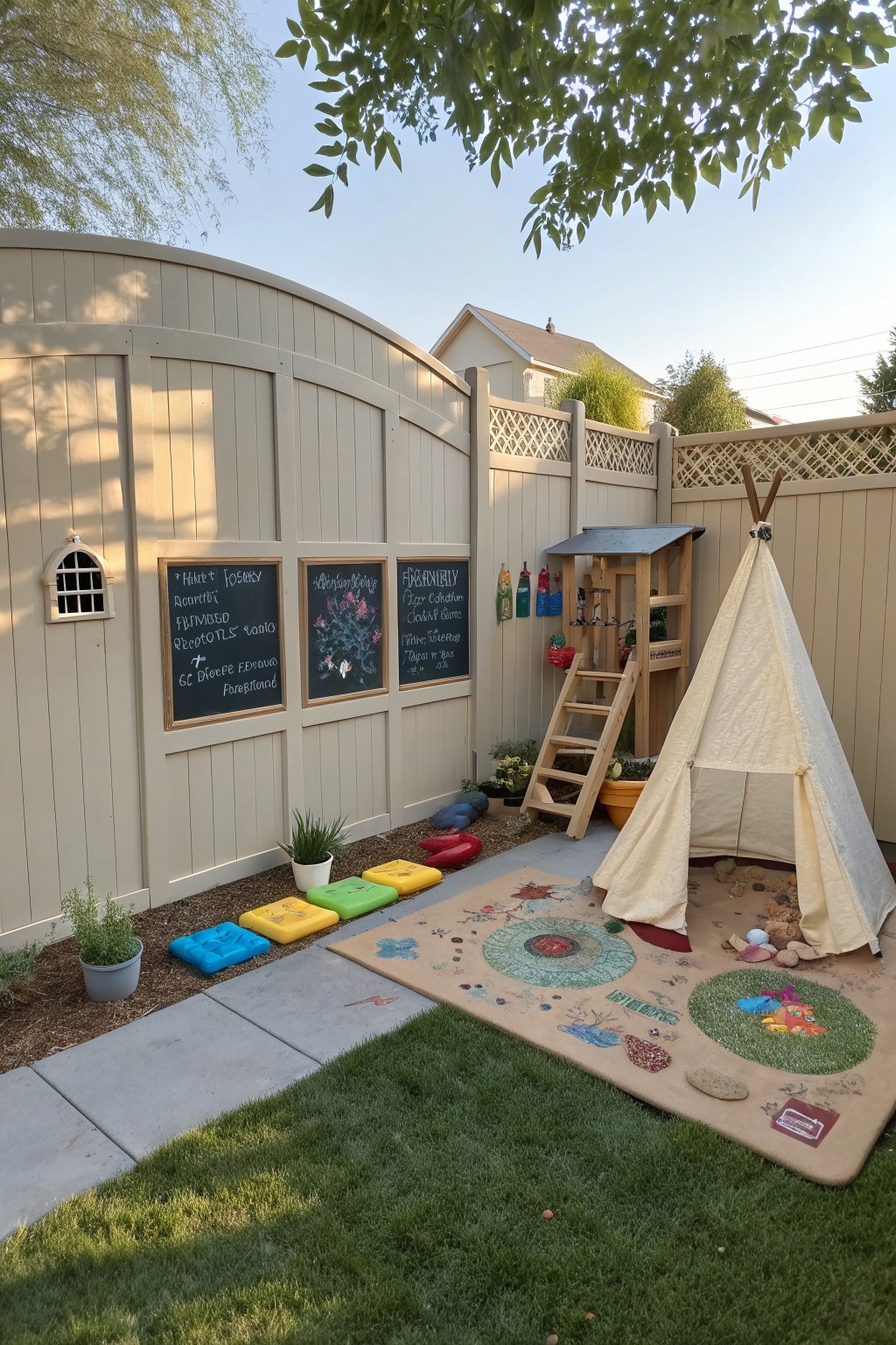A beige vinyl privacy fence encloses a backyard play area with three chalkboards mounted on the fence, a canvas teepee, wooden playhouse, and colorful stepping stones on a patterned rug.
