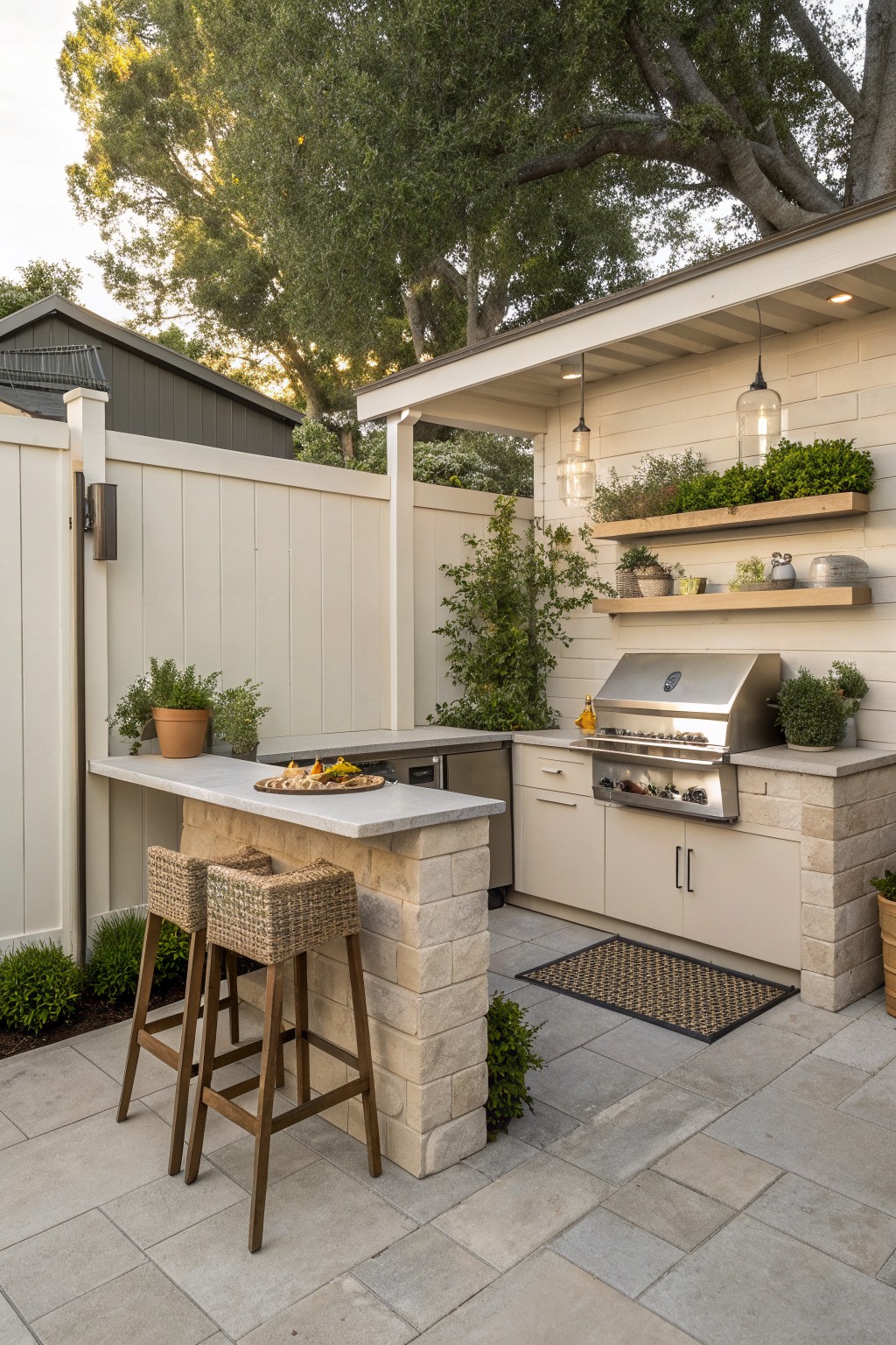 Outdoor kitchen with stone bar, woven stools, stainless grill, pendant lights, and plants.