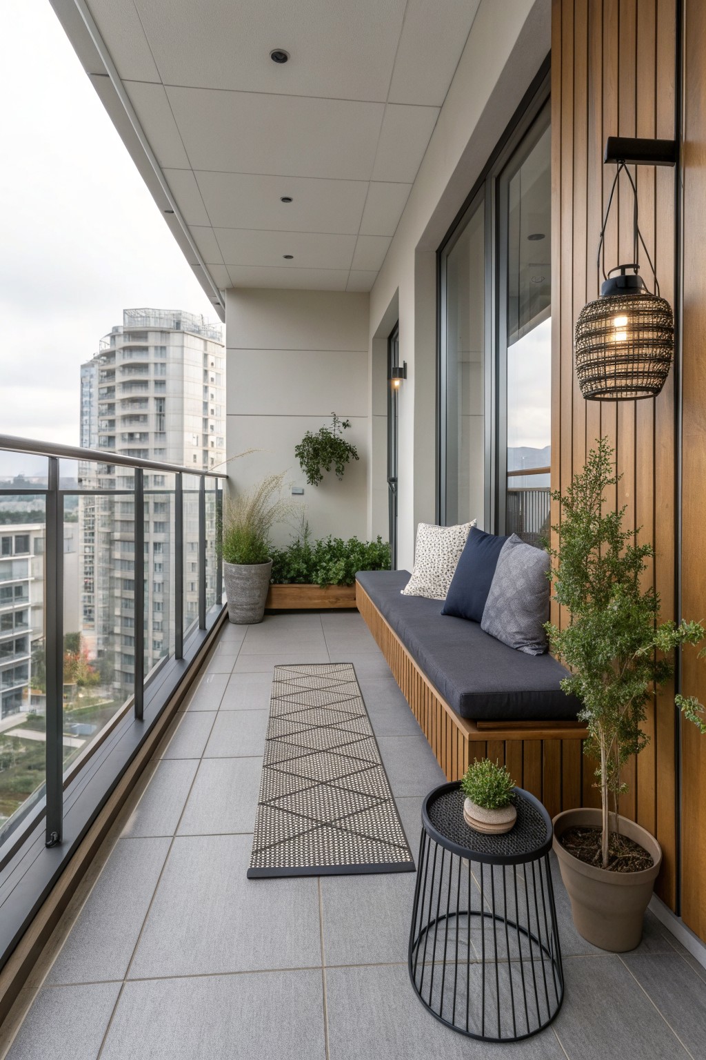 A modern balcony with a long built-in wooden bench topped with dark gray cushions and pillows, a patterned runner rug, a wire side table, potted plants, and a woven pendant light against wood paneling.