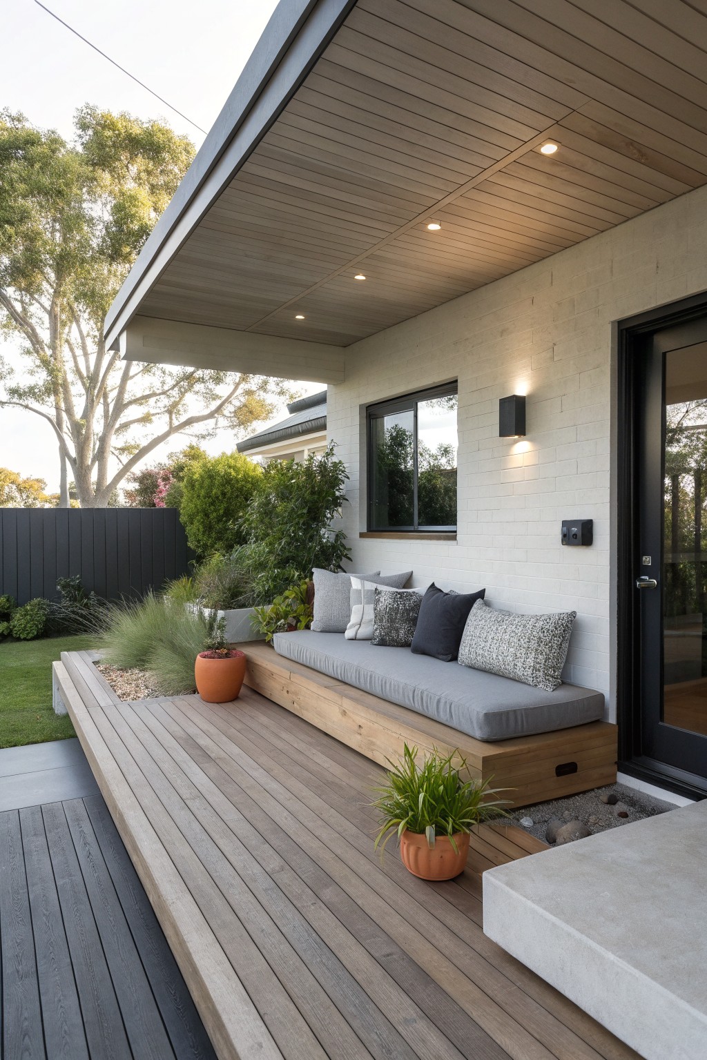 A modern outdoor deck with a long built-in wooden bench against a white brick house wall, fitted with gray cushions and surrounded by potted plants and decking.