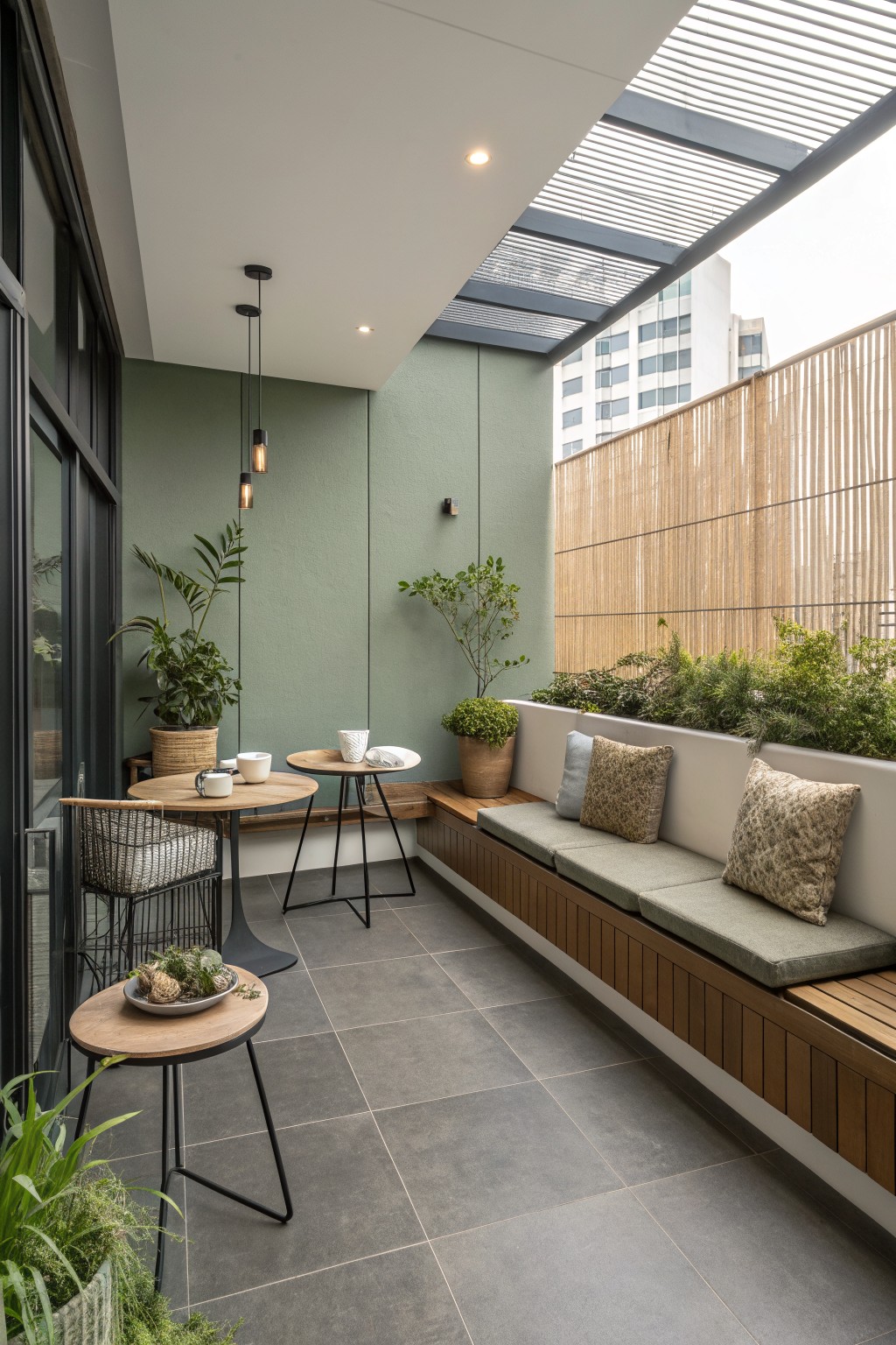 A modern balcony with a long built-in bench with green cushions, low round tables, hanging pendant lights, and potted plants against a green wall.