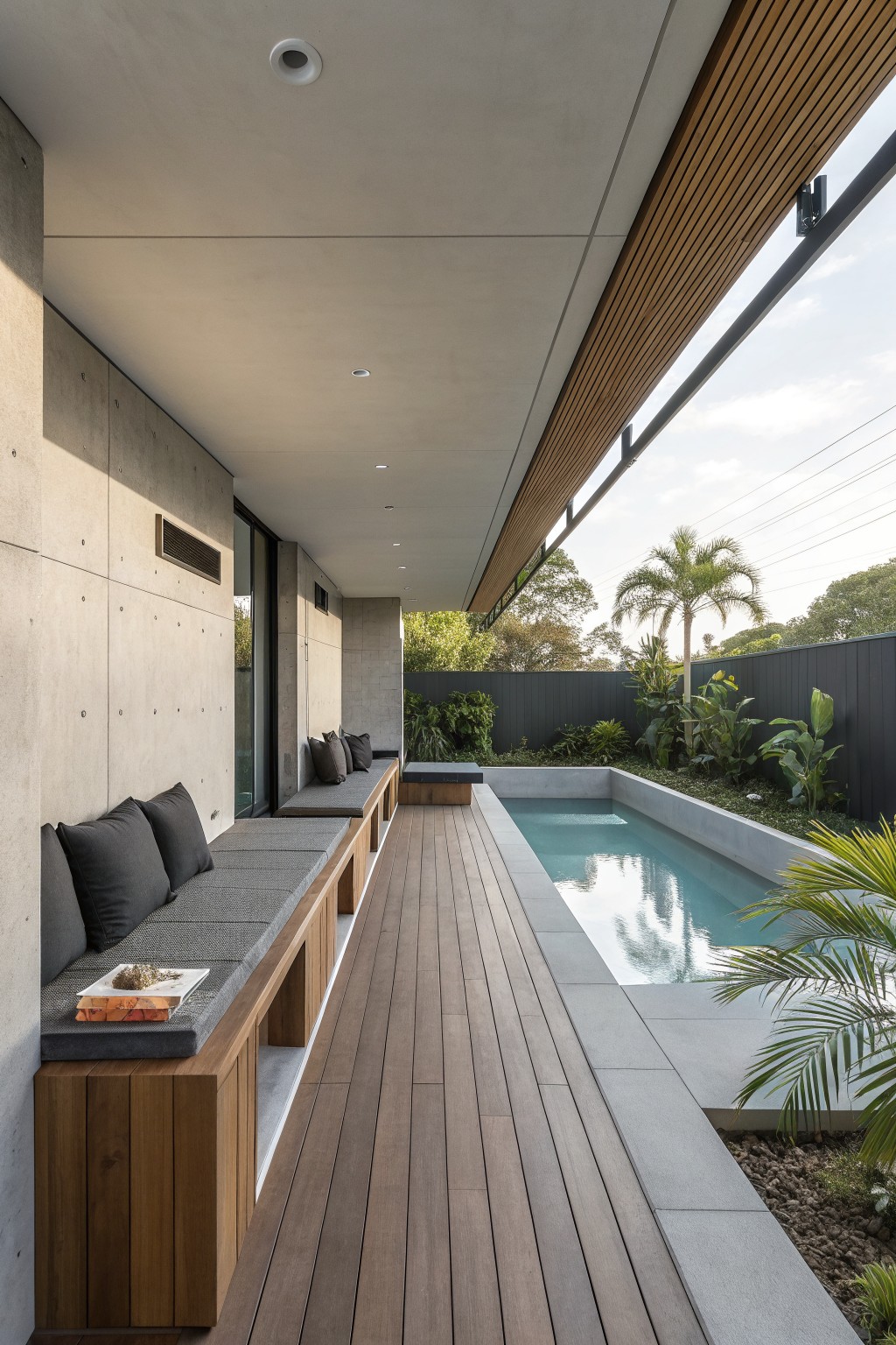 A long covered outdoor walkway with built-in wooden bench seating along a concrete wall, gray cushions, and a rectangular pool beside wooden decking.