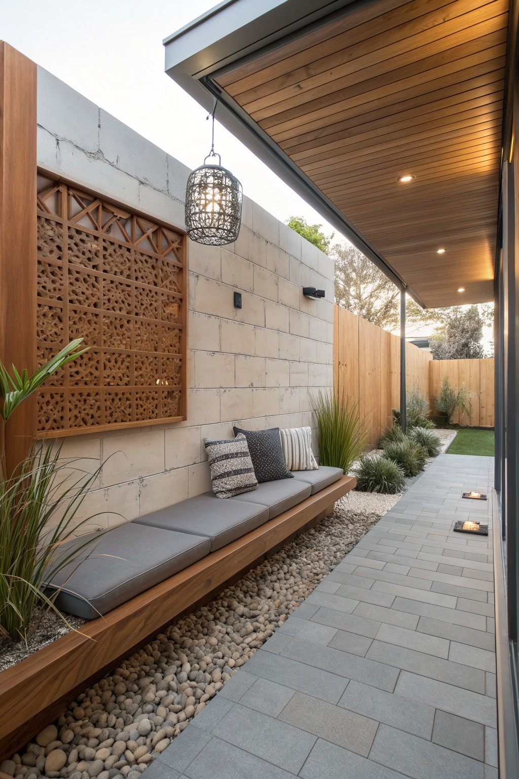 A long built-in wooden bench with gray cushions sits against a concrete block wall beside a paved walkway, with gravel, plants, and a hanging light overhead.