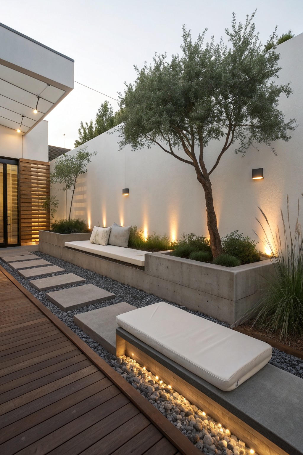 Modern outdoor area with low white cushions placed on built-in concrete benches, surrounded by gravel paths, stepping stones, plants, and a large tree.