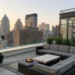 A rooftop terrace features low-profile dark-framed outdoor sofas with light cushions arranged around a square coffee table on gravel, bordered by wooden decking and tall ornamental grasses.