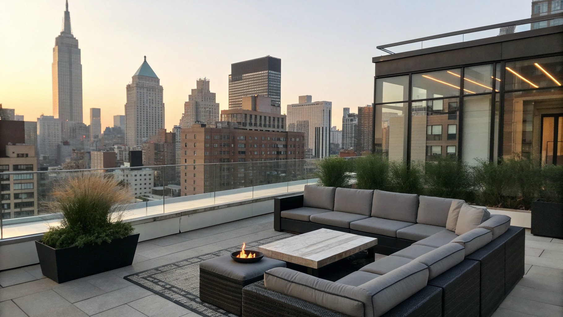 A rooftop terrace features low-profile dark-framed outdoor sofas with light cushions arranged around a square coffee table on gravel, bordered by wooden decking and tall ornamental grasses.