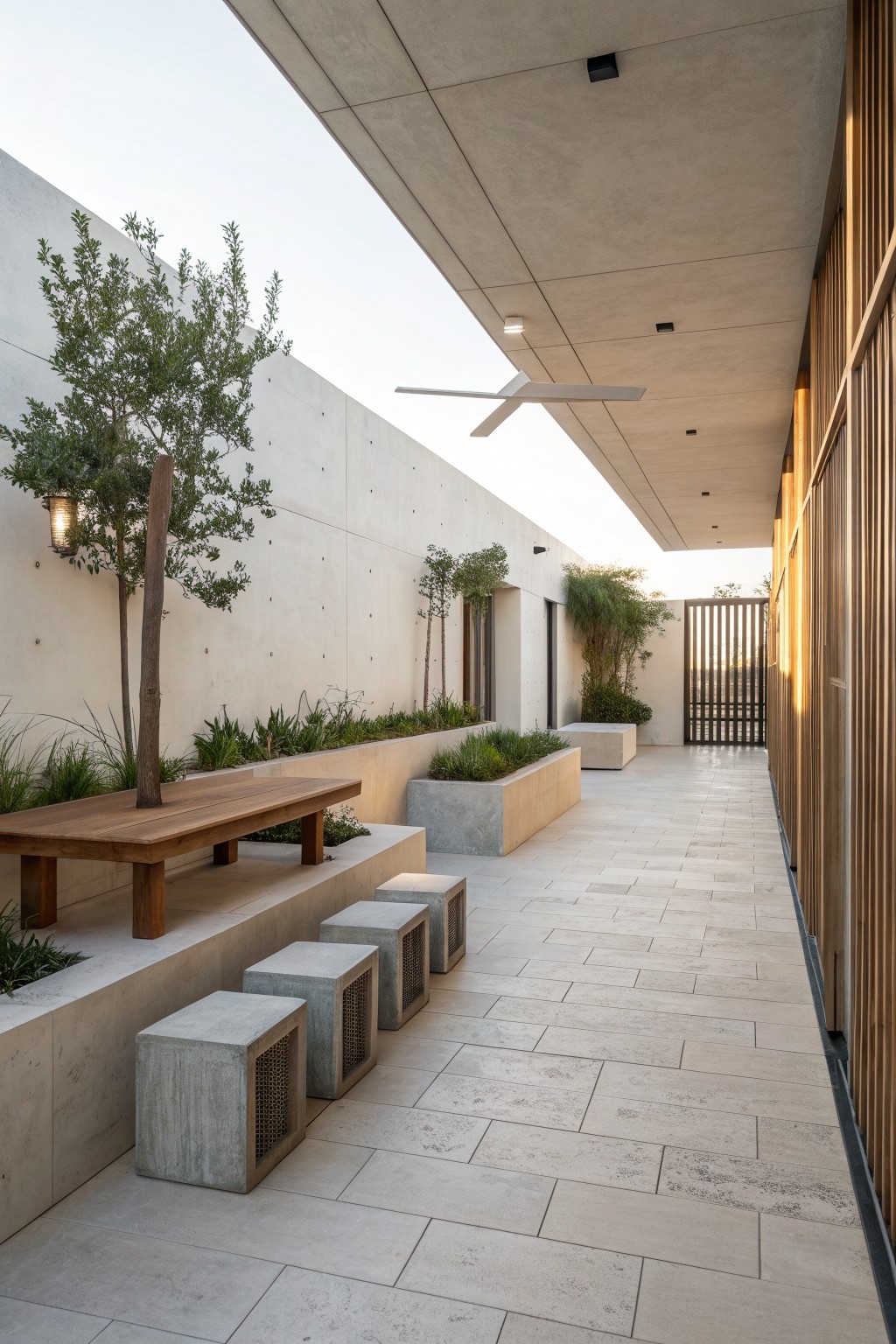 A covered outdoor walkway with a long wooden bench on a concrete ledge, several low gray concrete cube stools, and raised planters along a plain wall.