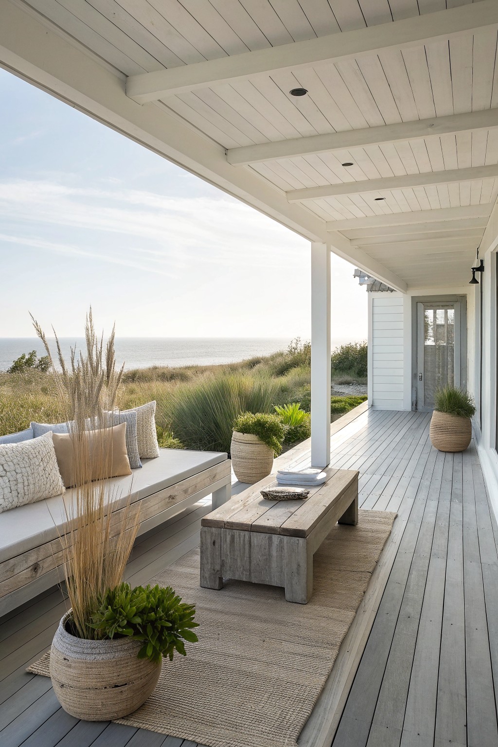 A covered white porch with a long low wooden bench holding neutral cushions, a rustic coffee table on a woven rug, and woven planters overlooking dunes and the ocean.