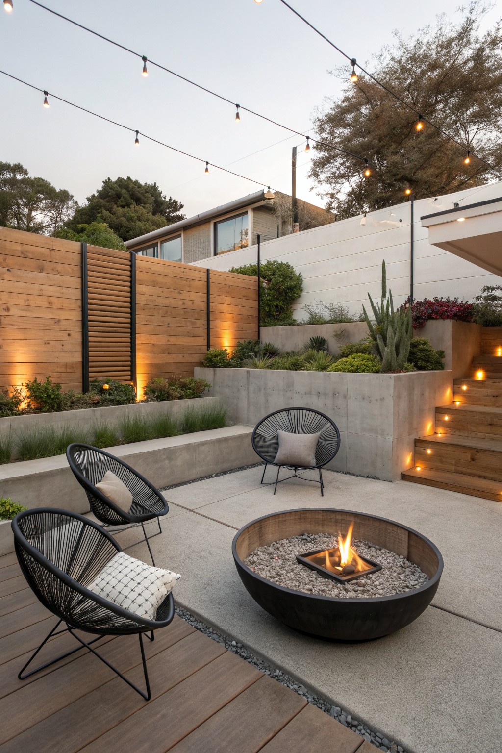 A modern outdoor patio at dusk with a round fire pit, two black wireframe chairs with light cushions, a long concrete bench with pillows, and string lights overhead.