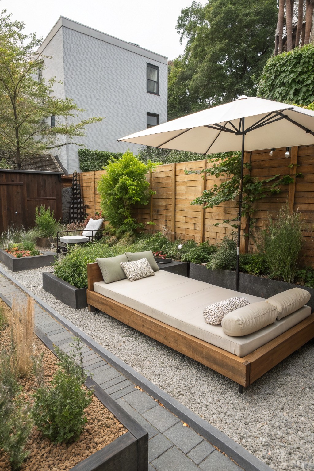 A low wooden daybed with beige cushions sits on gravel under a large white umbrella in a fenced garden with raised planter beds and wood fencing.