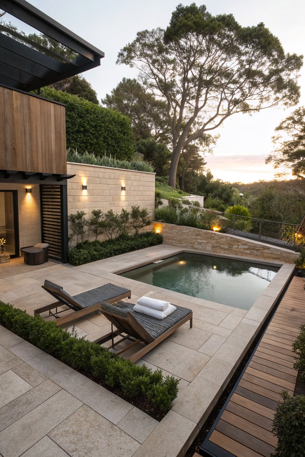 Modern home with pool, lounge chairs on stone patio amid trees at sunset