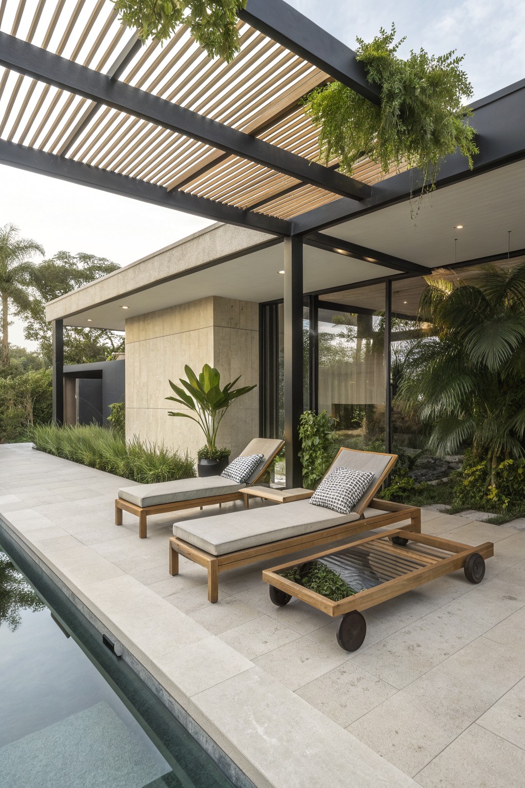Two low-profile wooden lounge chairs with gray cushions on a paved patio next to a pool, under a dark pergola with hanging plants.